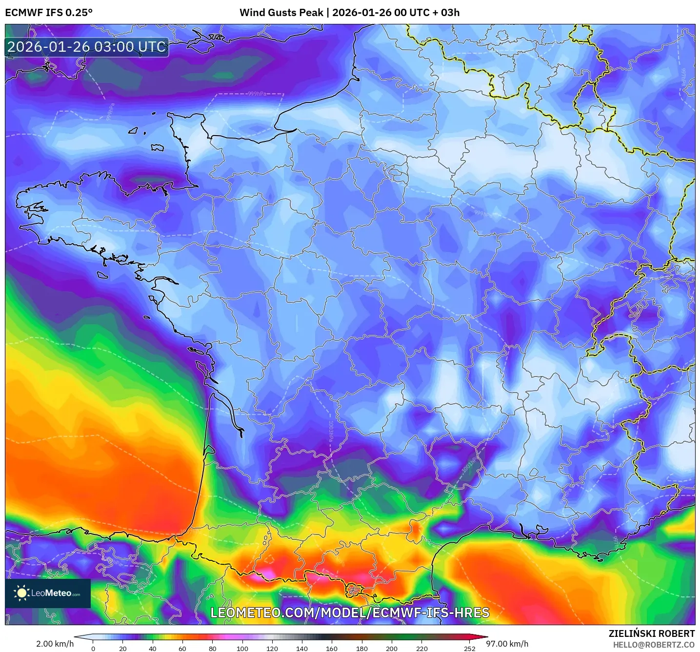 ECMWF IFS 0.25° model - Fransa, En Yüksek Rüzgâr