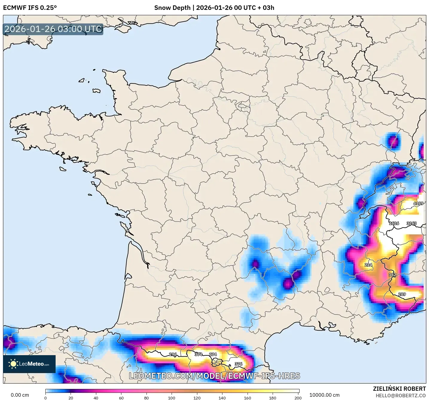 ECMWF IFS 0.25° model - Fransa, Kar Kalınlığı