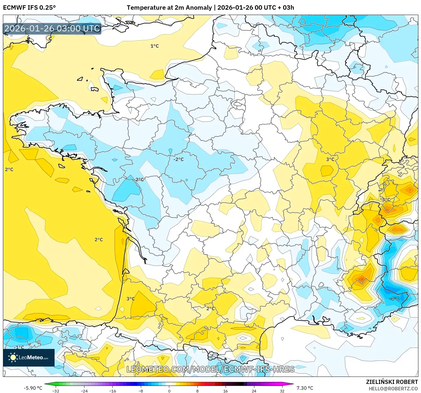 ECMWF IFS 0.25° model - Fransa, 2 m Sıcaklık Anomalisi