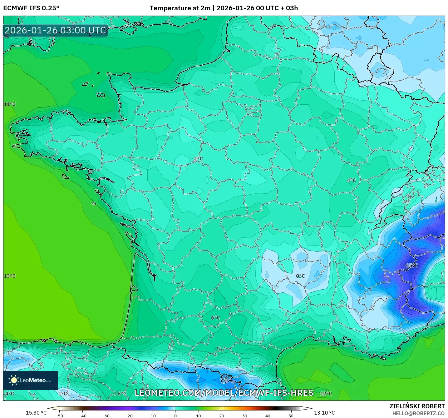 ECMWF IFS 0.25° model - Fransa, 2 m Sıcaklık