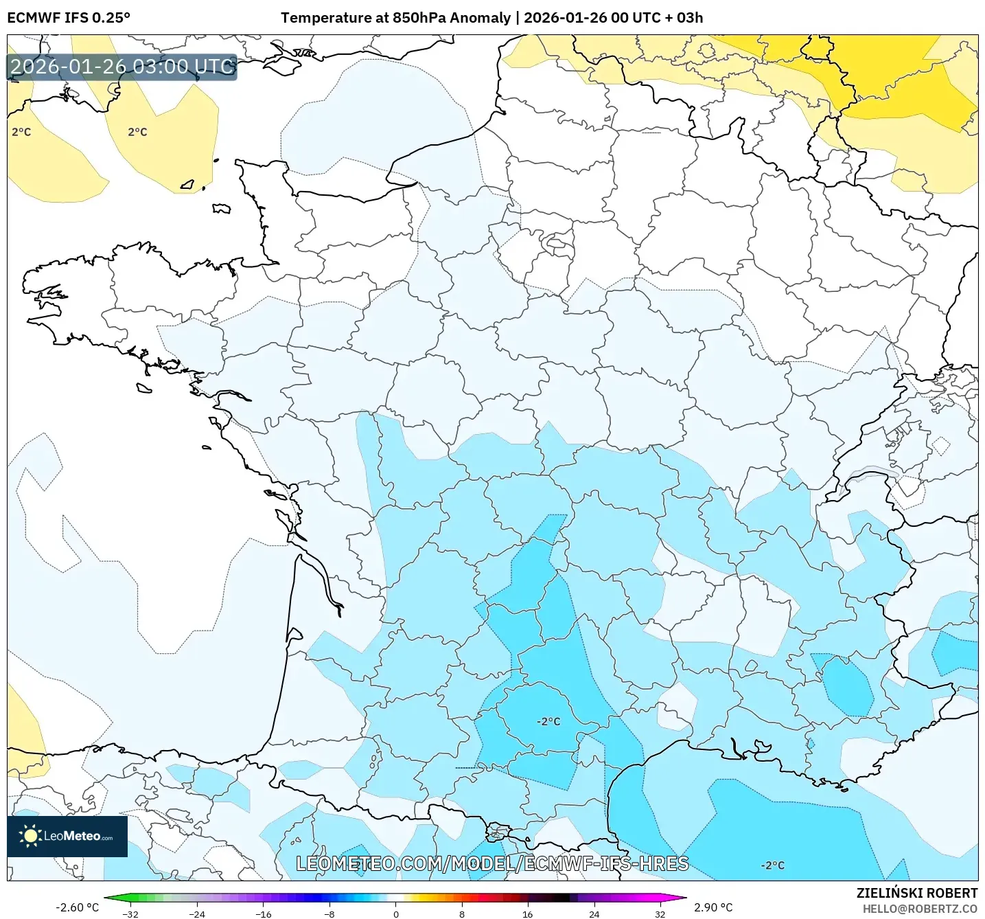 ECMWF IFS 0.25° model - Fransa, 850 hPa Sıcaklık Anomalisi