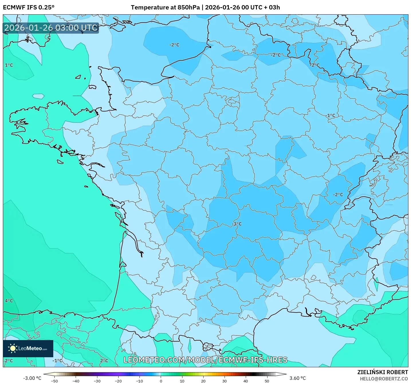 ECMWF IFS 0.25° model - Fransa, 850 hPa Sıcaklık