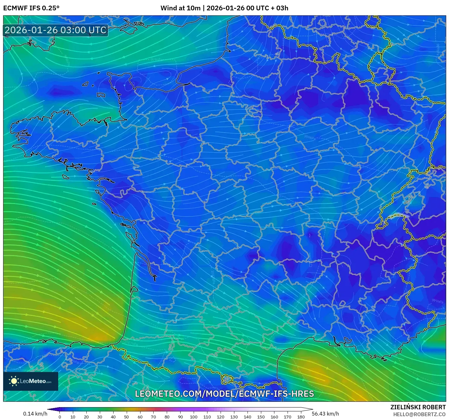 ECMWF IFS 0.25° model - Fransa, 10 m Rüzgâr