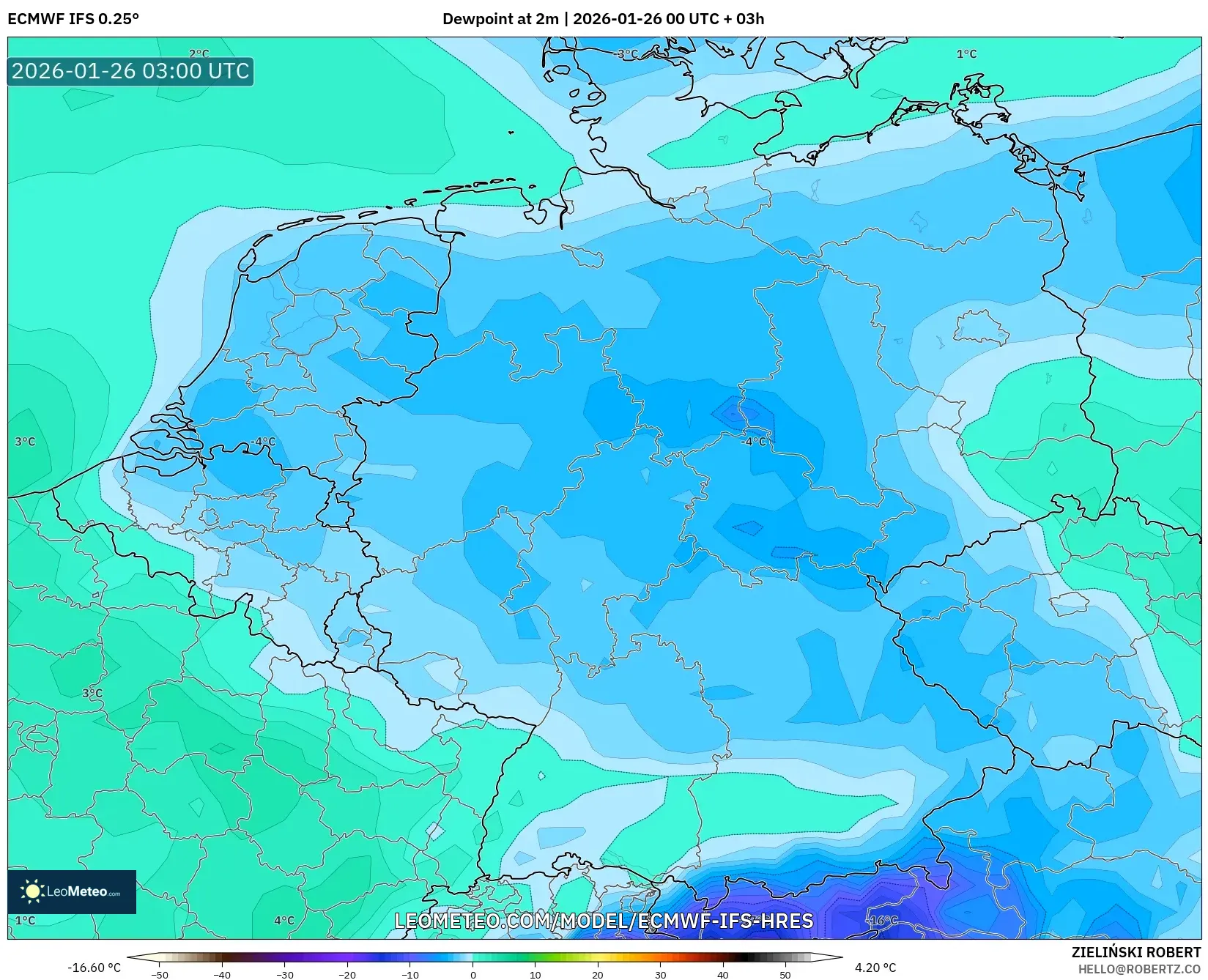ECMWF IFS 0.25° model - Almanya, 2 m Çiy Noktası