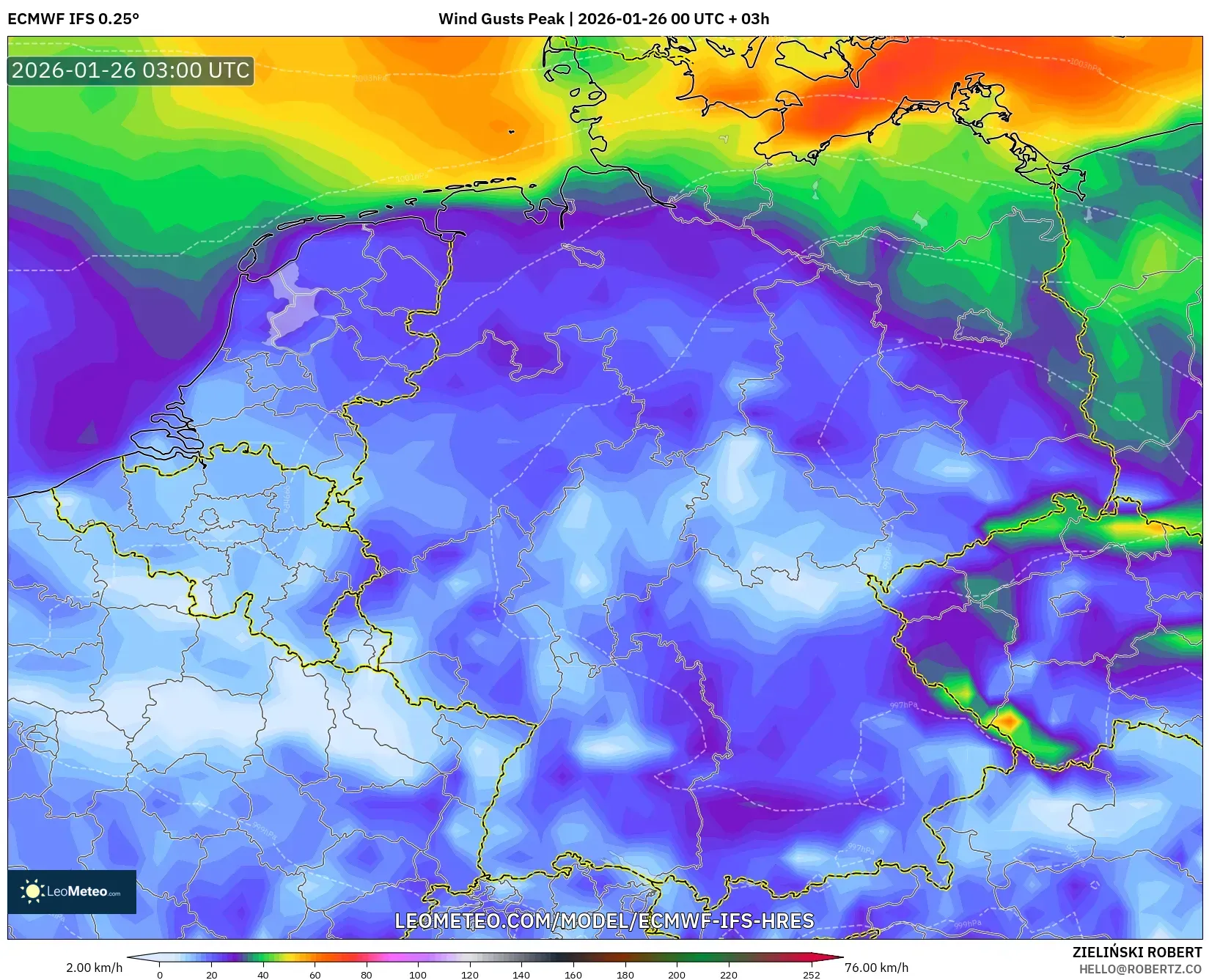 ECMWF IFS 0.25° model - Almanya, En Yüksek Rüzgâr