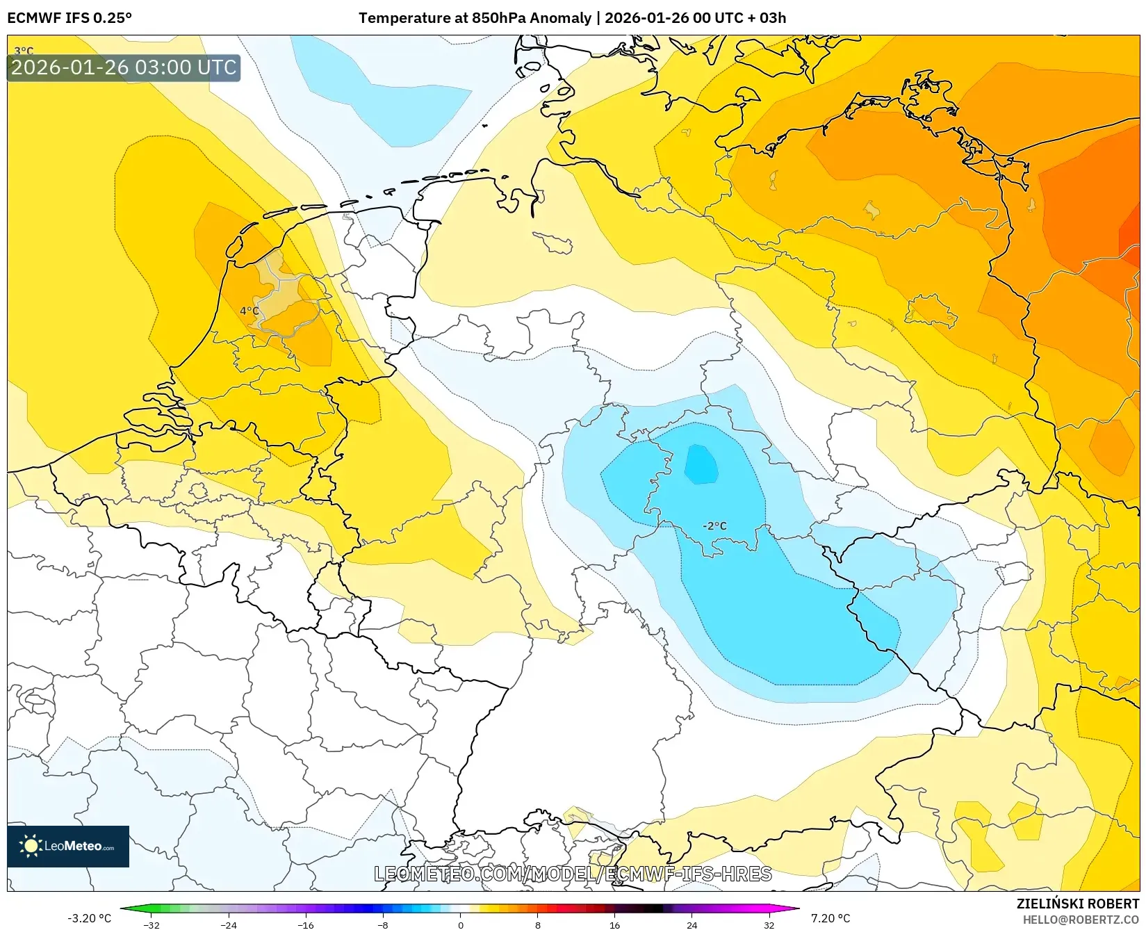 ECMWF IFS 0.25° model - Almanya, 850 hPa Sıcaklık Anomalisi