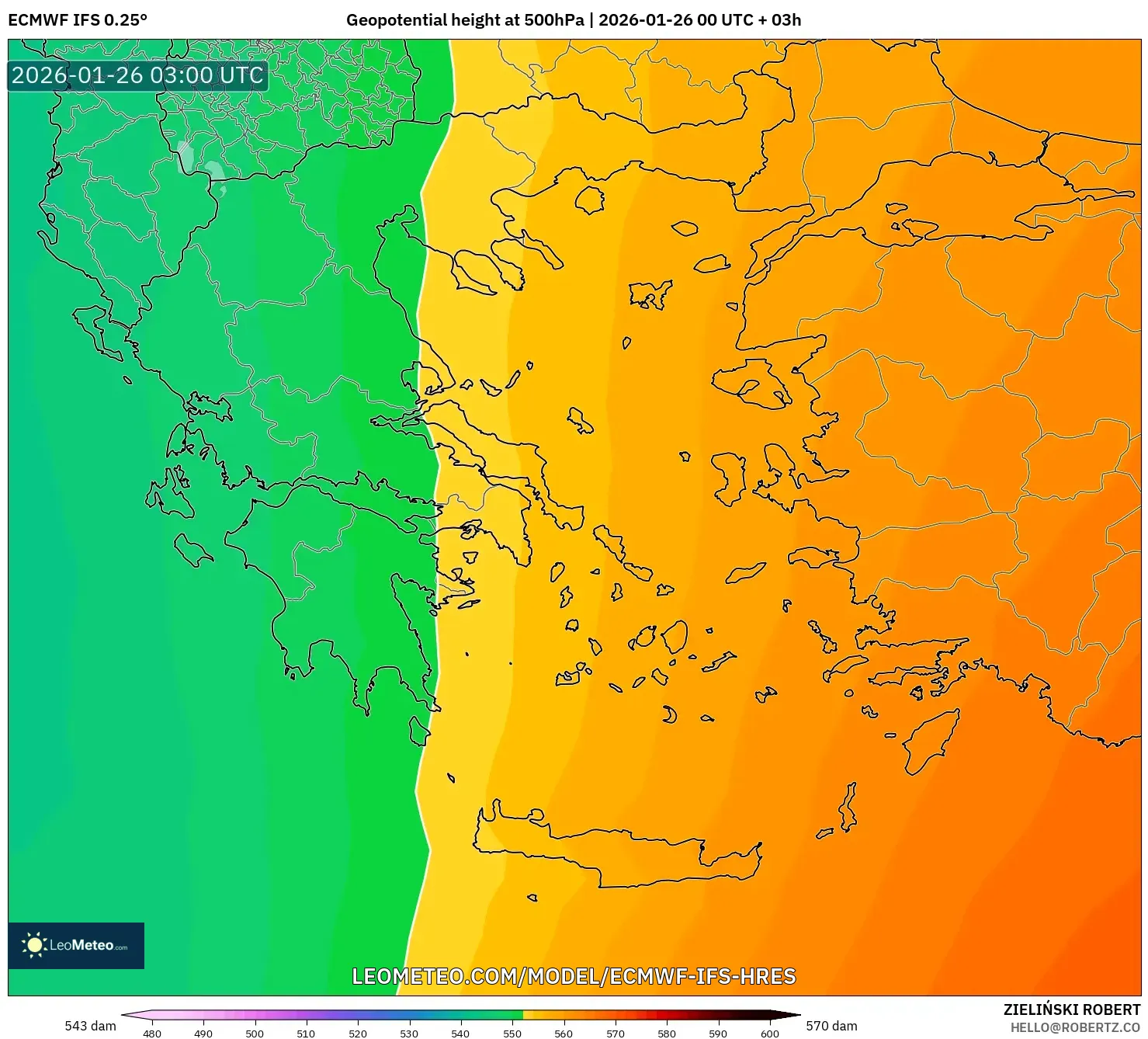 ECMWF IFS 0.25° model - Yunanistan, 500 hPa’da jeopotansiyel yükseklik