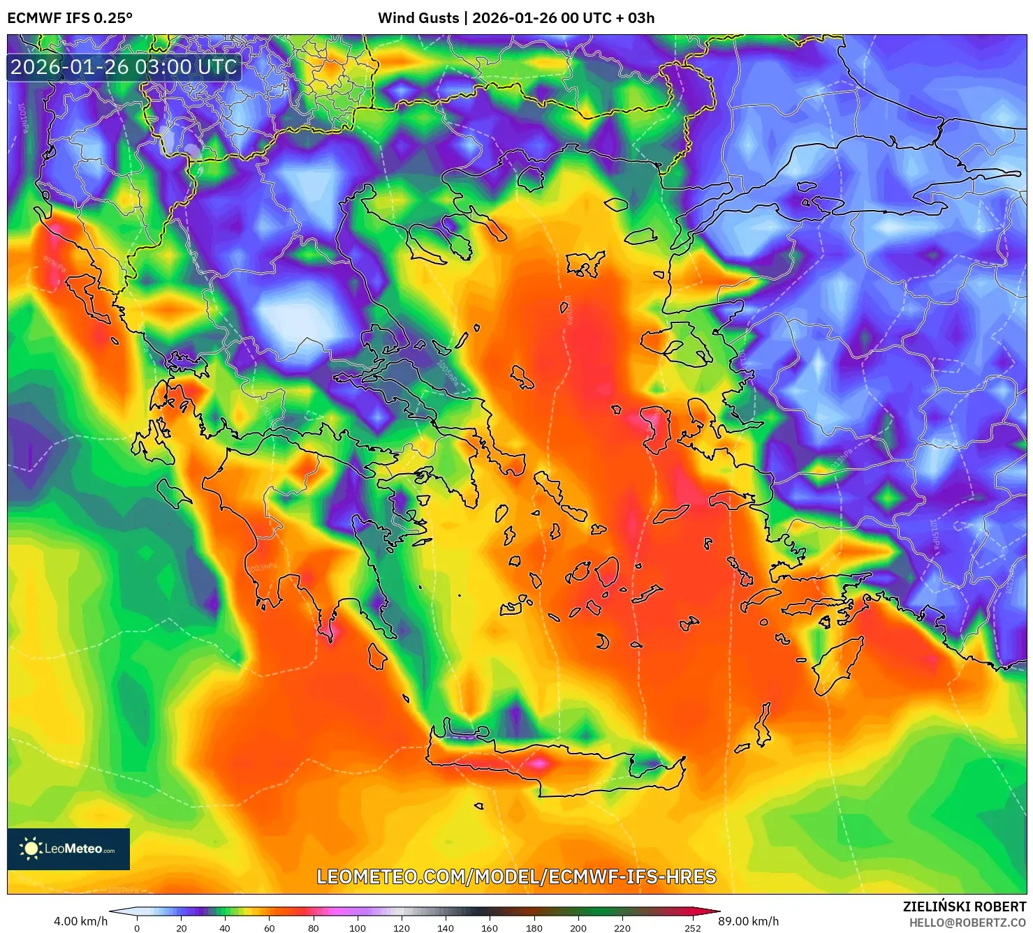 ECMWF IFS 0.25° model - Yunanistan, Rüzgâr Esintileri