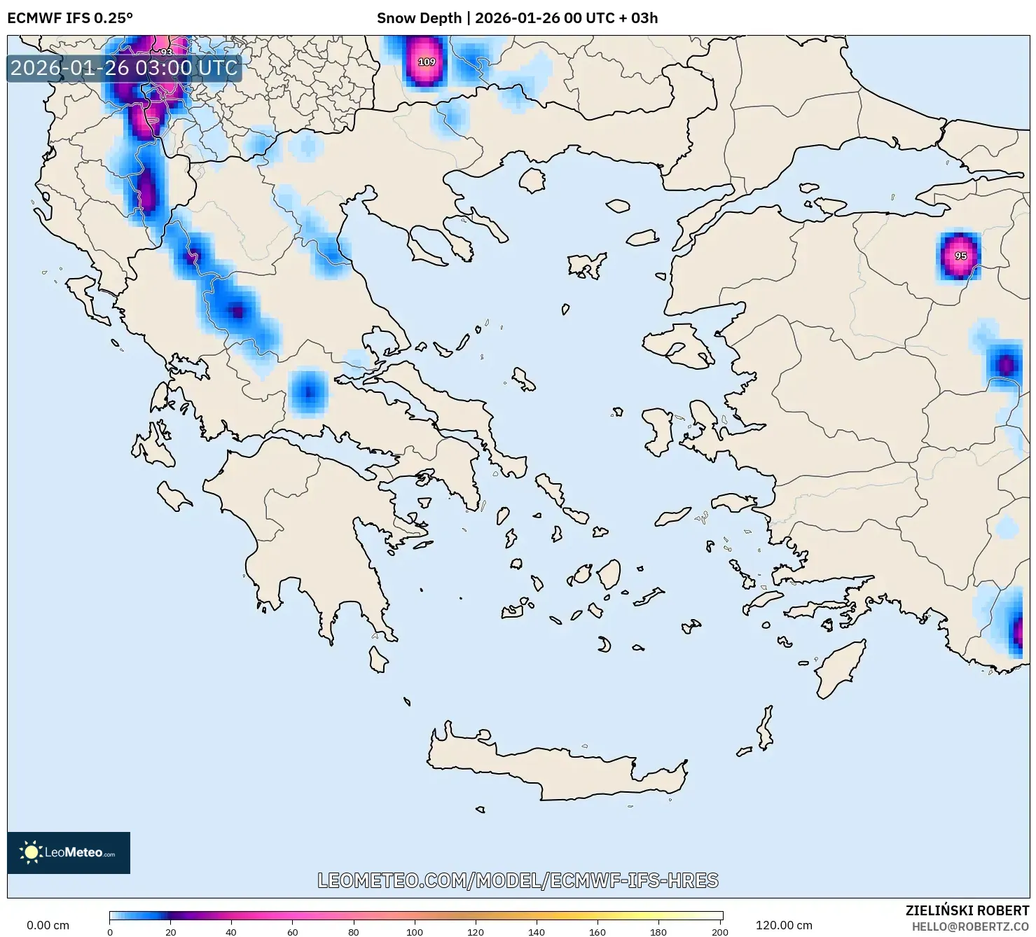 ECMWF IFS 0.25° model - Yunanistan, Kar Kalınlığı