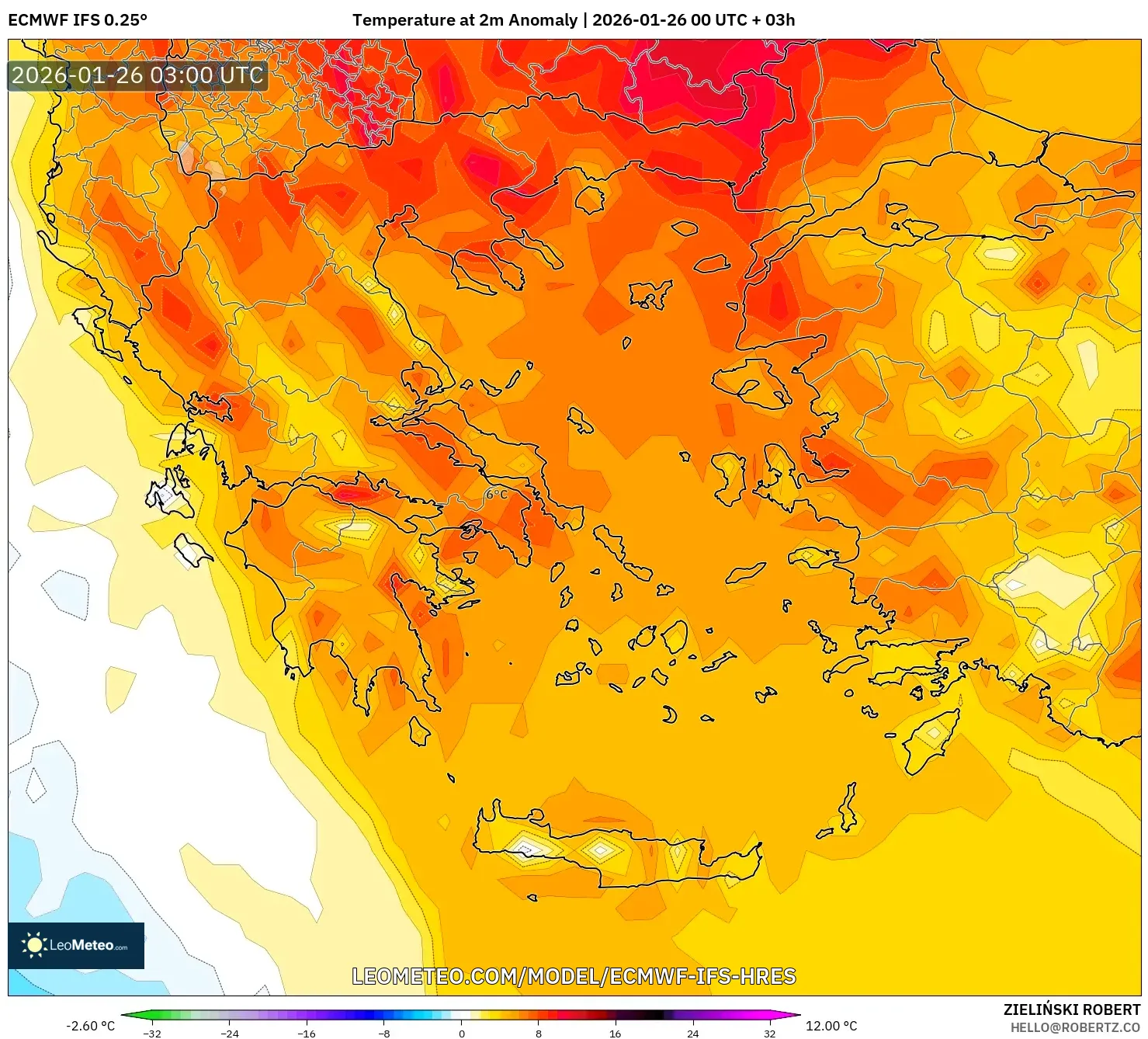 ECMWF IFS 0.25° model - Yunanistan, 2 m Sıcaklık Anomalisi