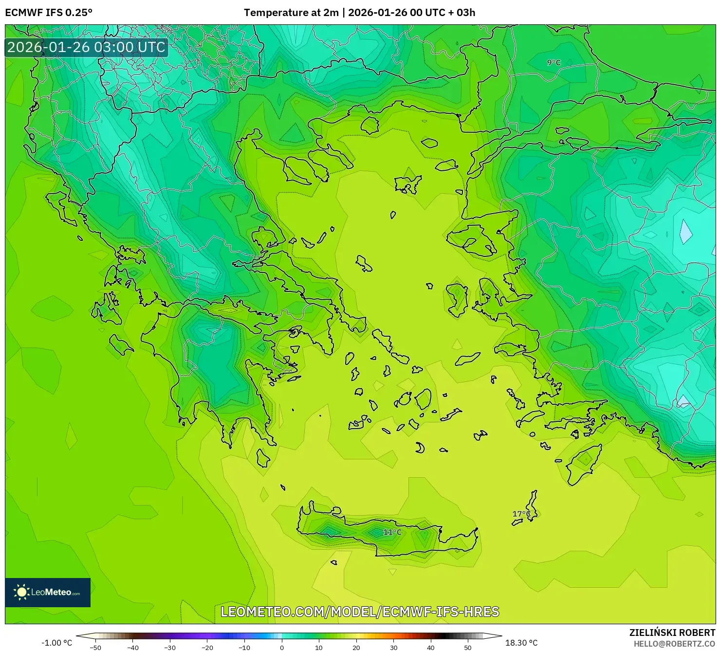 ECMWF IFS 0.25° model - Yunanistan, 2 m Sıcaklık