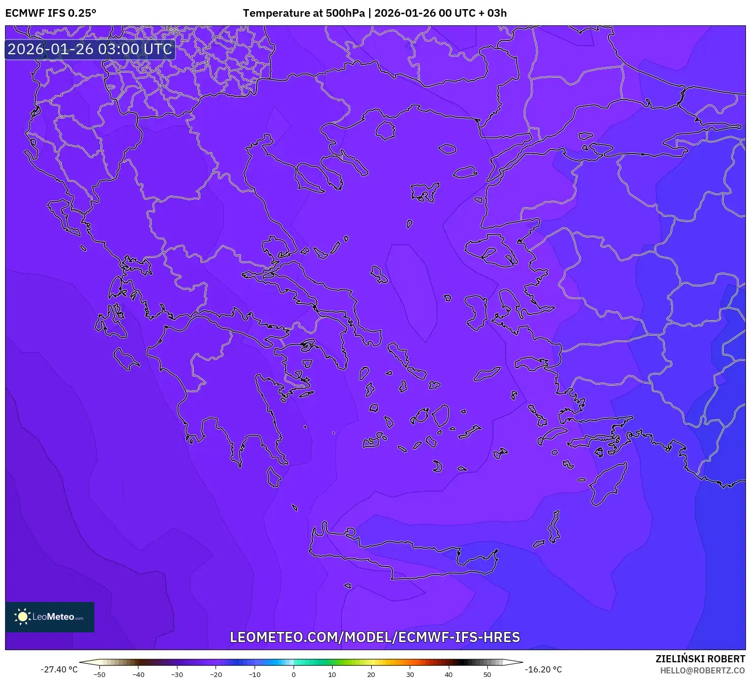 ECMWF IFS 0.25° model - Yunanistan, 500 hPa Sıcaklık