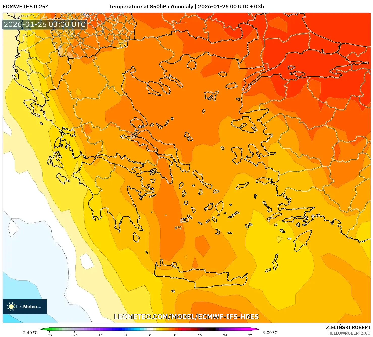 ECMWF IFS 0.25° model - Yunanistan, 850 hPa Sıcaklık Anomalisi