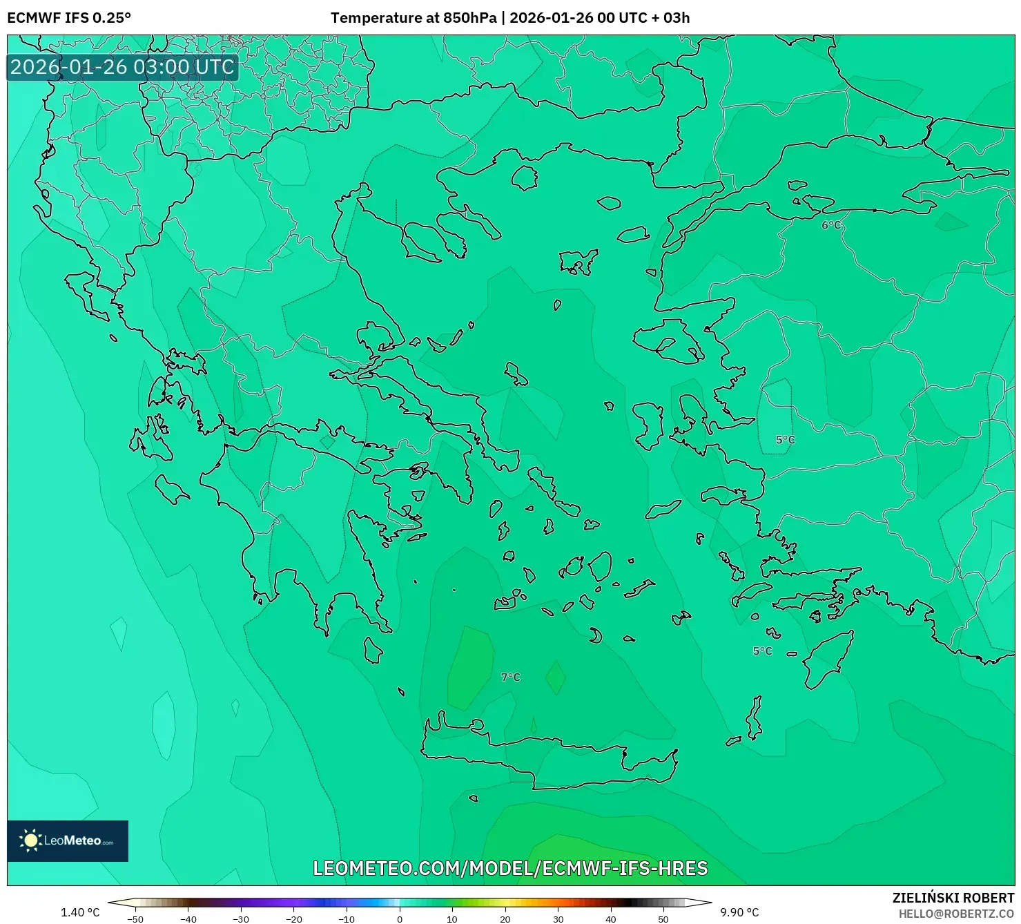 ECMWF IFS 0.25° model - Yunanistan, 850 hPa Sıcaklık
