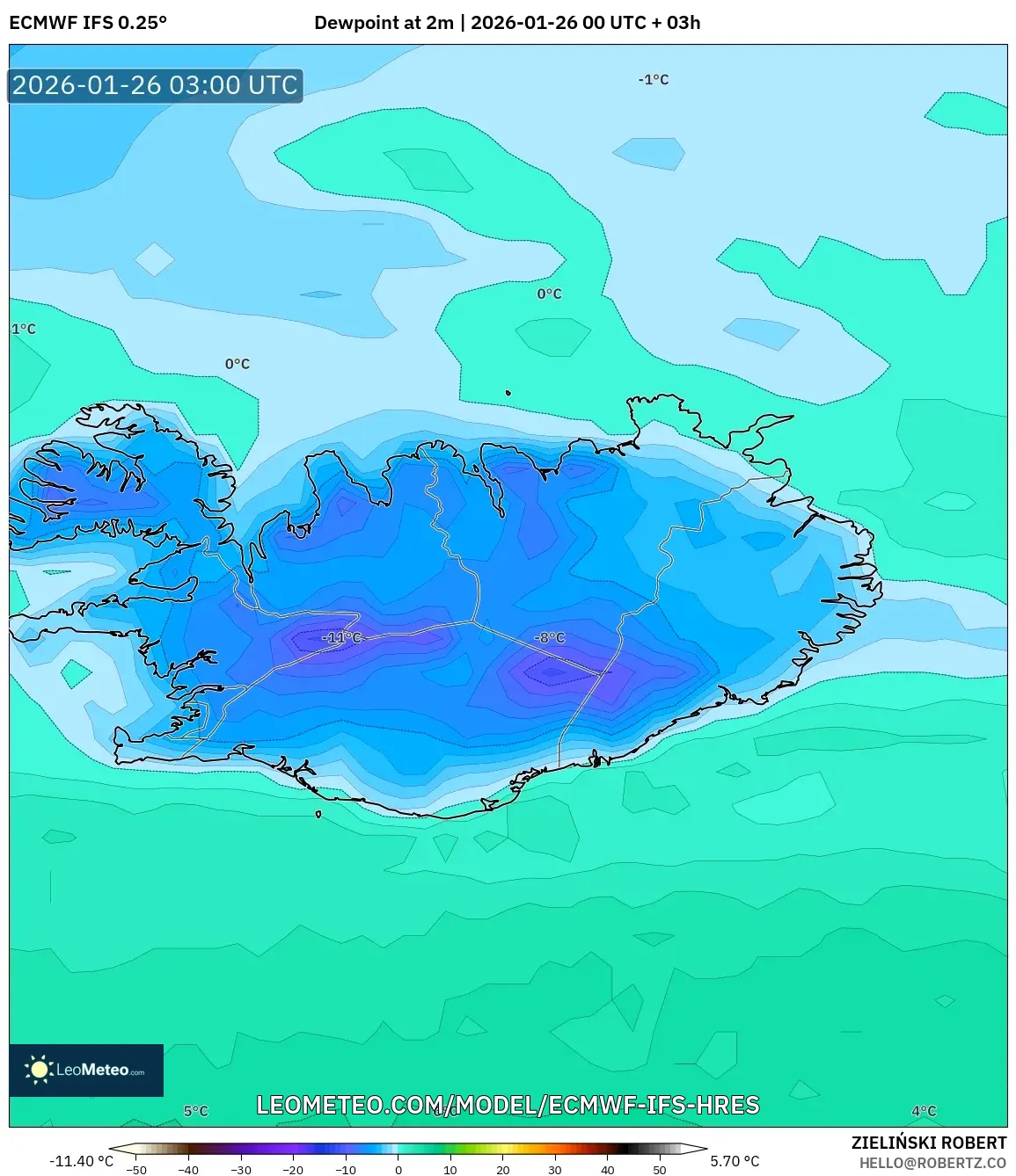 ECMWF IFS 0.25° model - İzlanda, 2 m Çiy Noktası