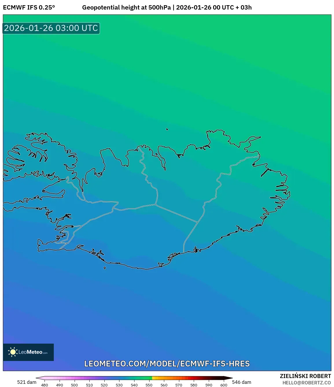 ECMWF IFS 0.25° model - İzlanda, 500 hPa’da jeopotansiyel yükseklik