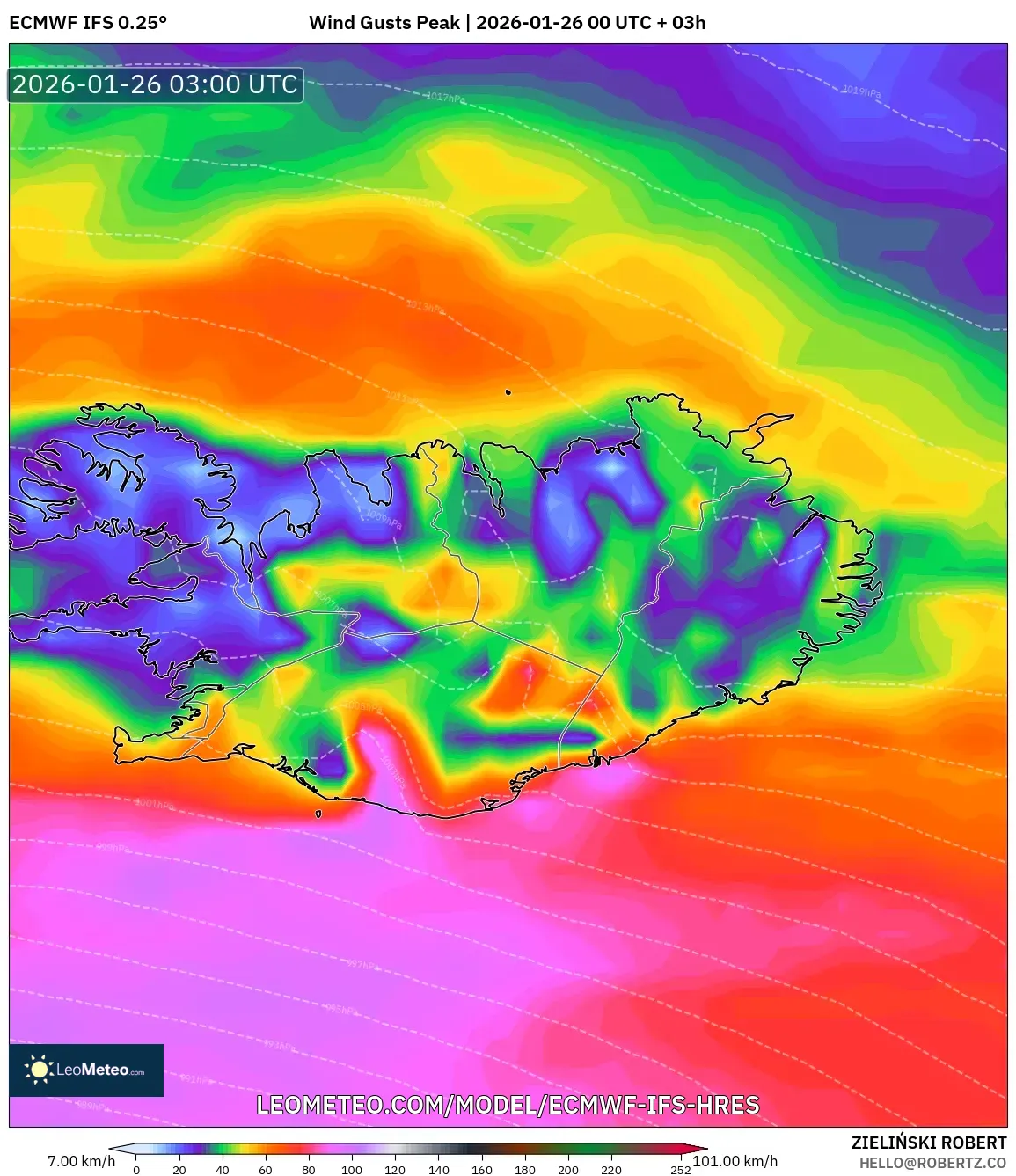 ECMWF IFS 0.25° model - İzlanda, En Yüksek Rüzgâr