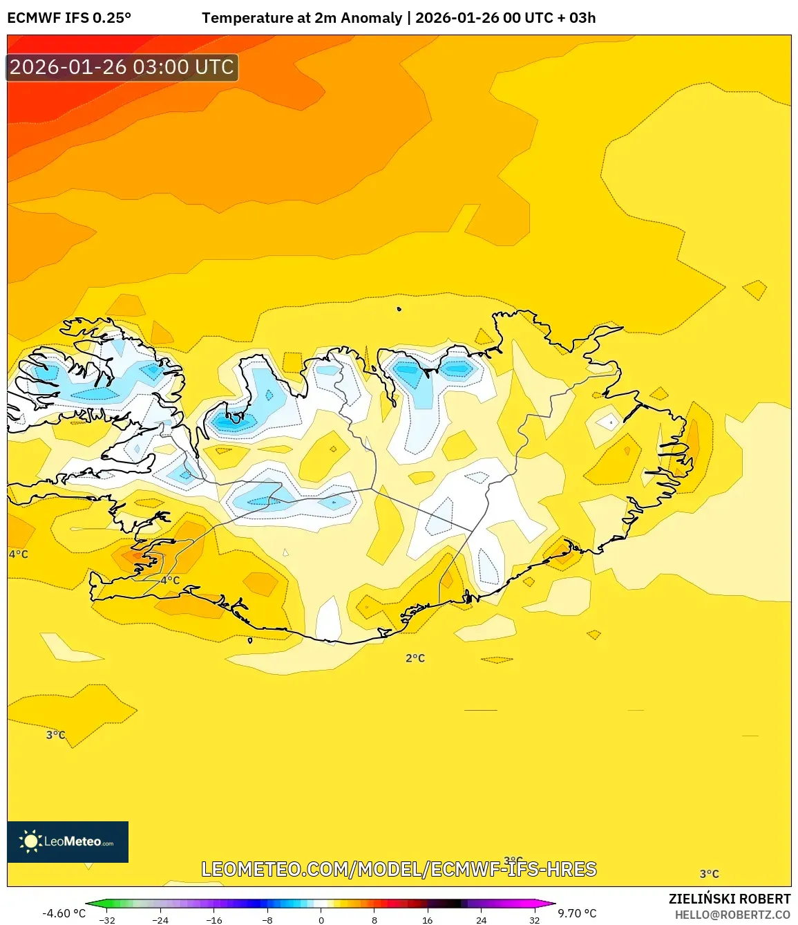 ECMWF IFS 0.25° model - İzlanda, 2 m Sıcaklık Anomalisi