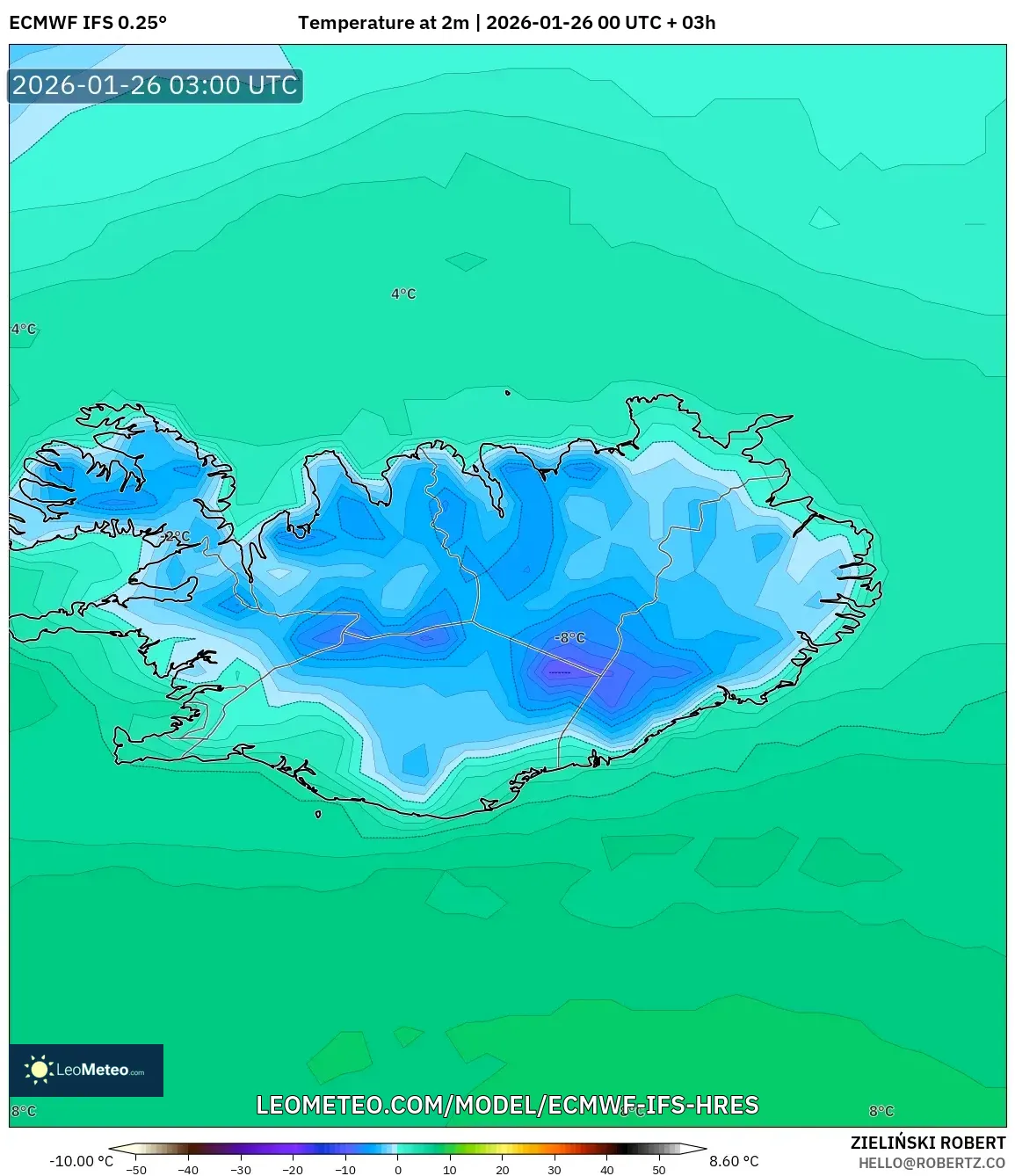 ECMWF IFS 0.25° model - İzlanda, 2 m Sıcaklık