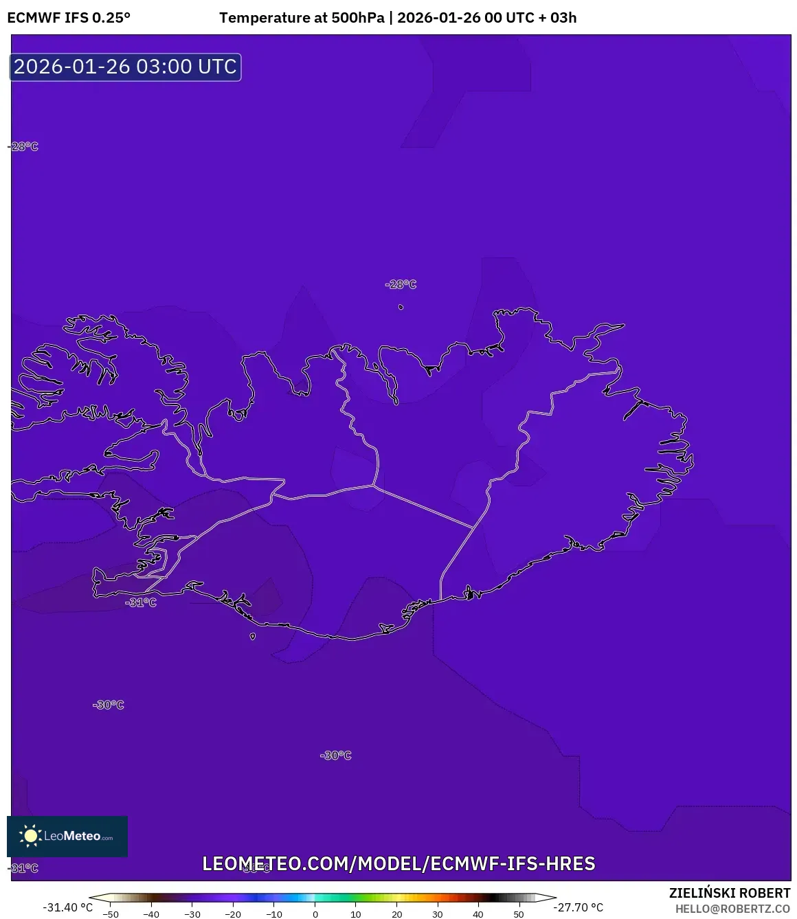 ECMWF IFS 0.25° model - İzlanda, 500 hPa Sıcaklık
