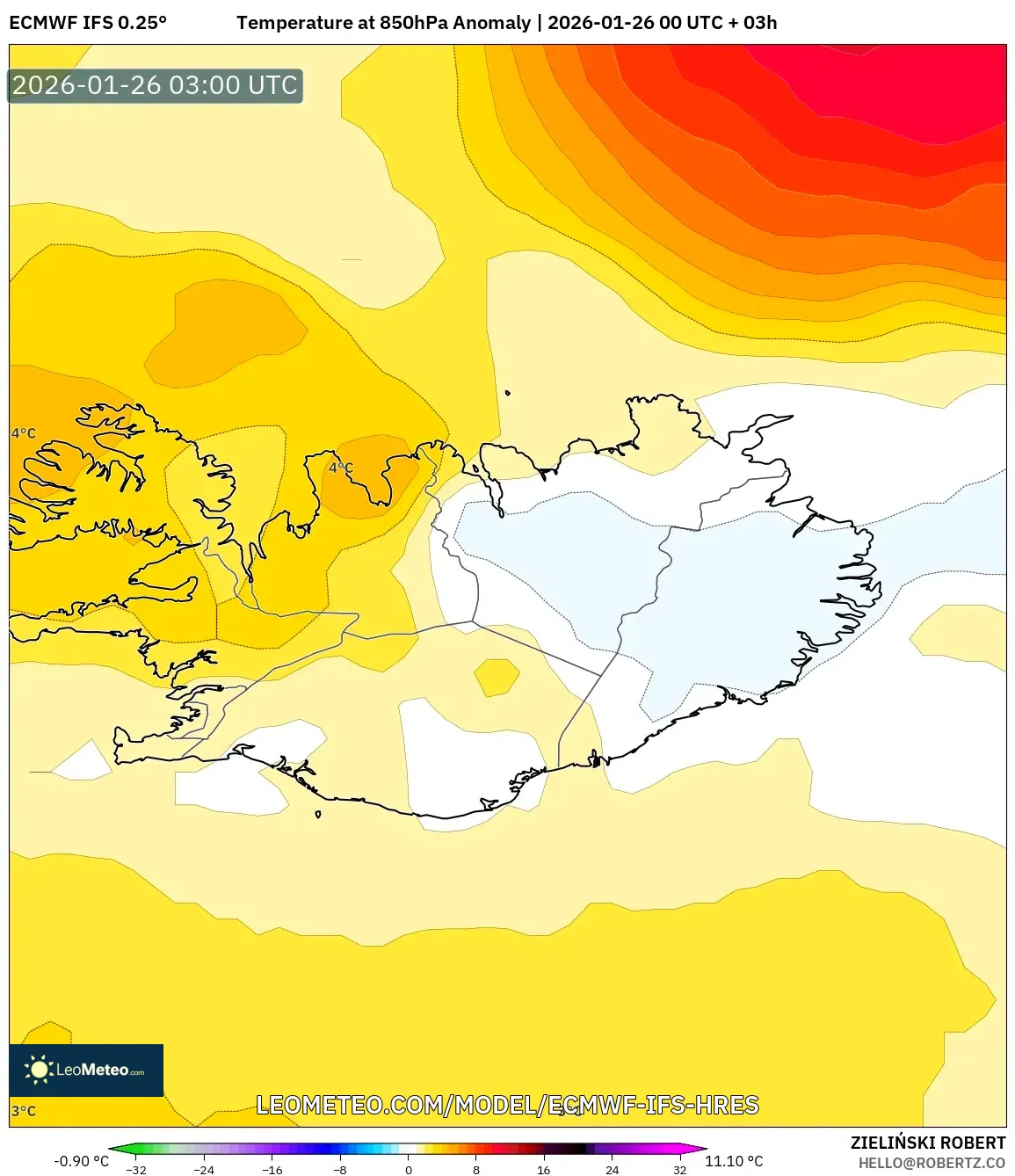 ECMWF IFS 0.25° model - İzlanda, 850 hPa Sıcaklık Anomalisi
