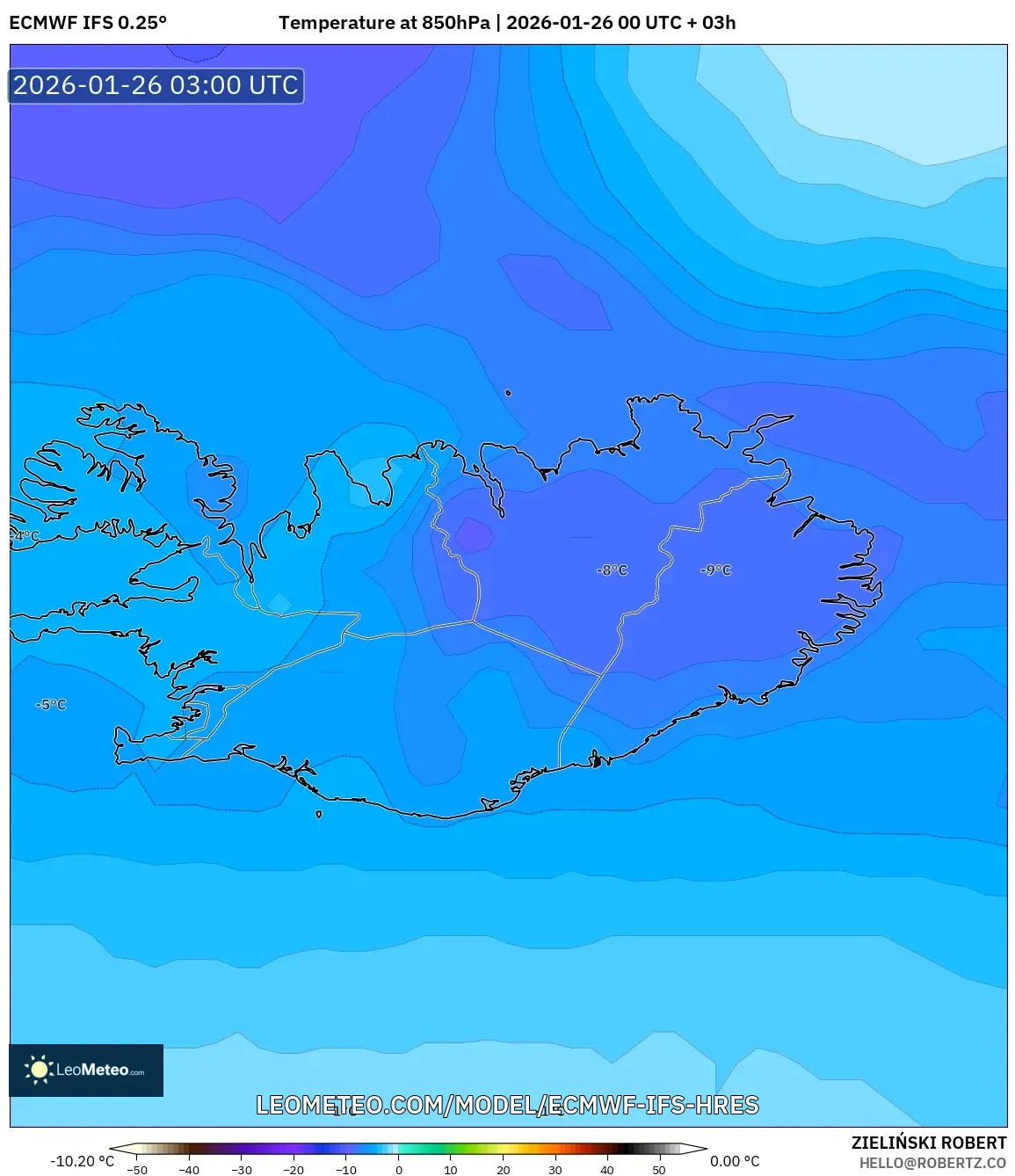 ECMWF IFS 0.25° model - İzlanda, 850 hPa Sıcaklık