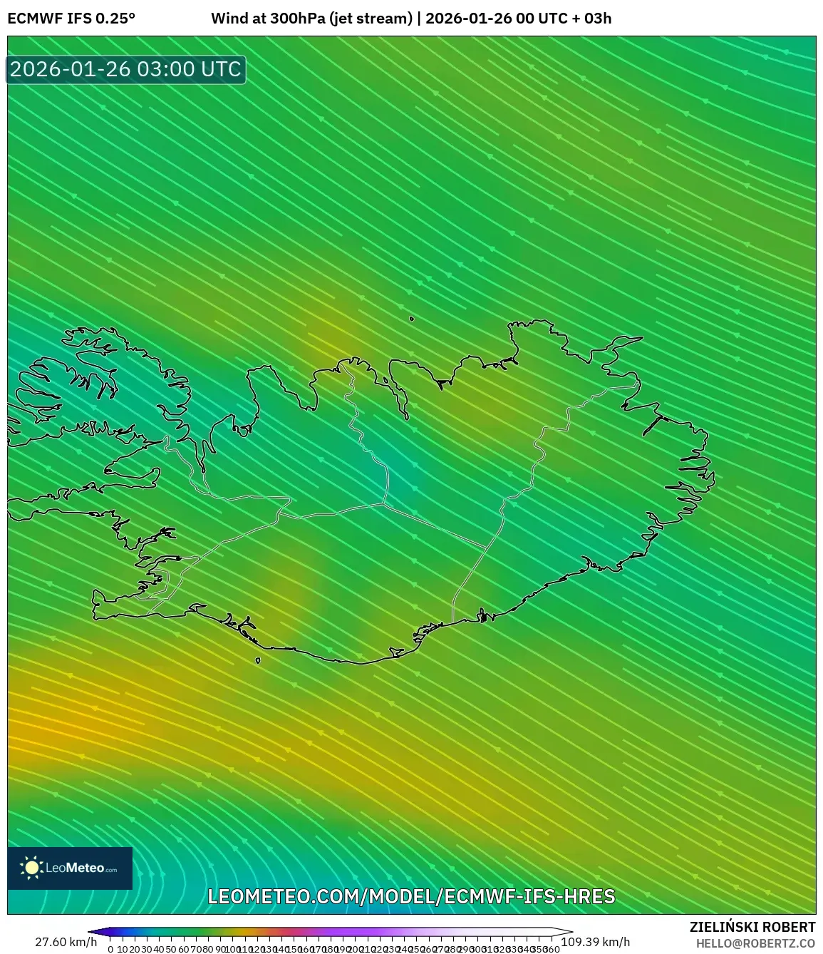 ECMWF IFS 0.25° model - İzlanda, 300 hPa Rüzgârı (jet)