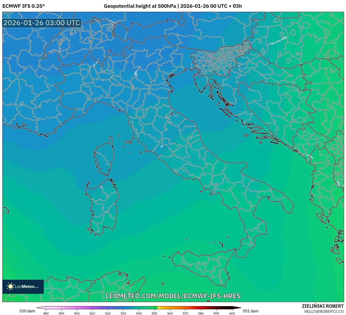 ECMWF IFS 0.25° model - İtalya, 500 hPa’da jeopotansiyel yükseklik
