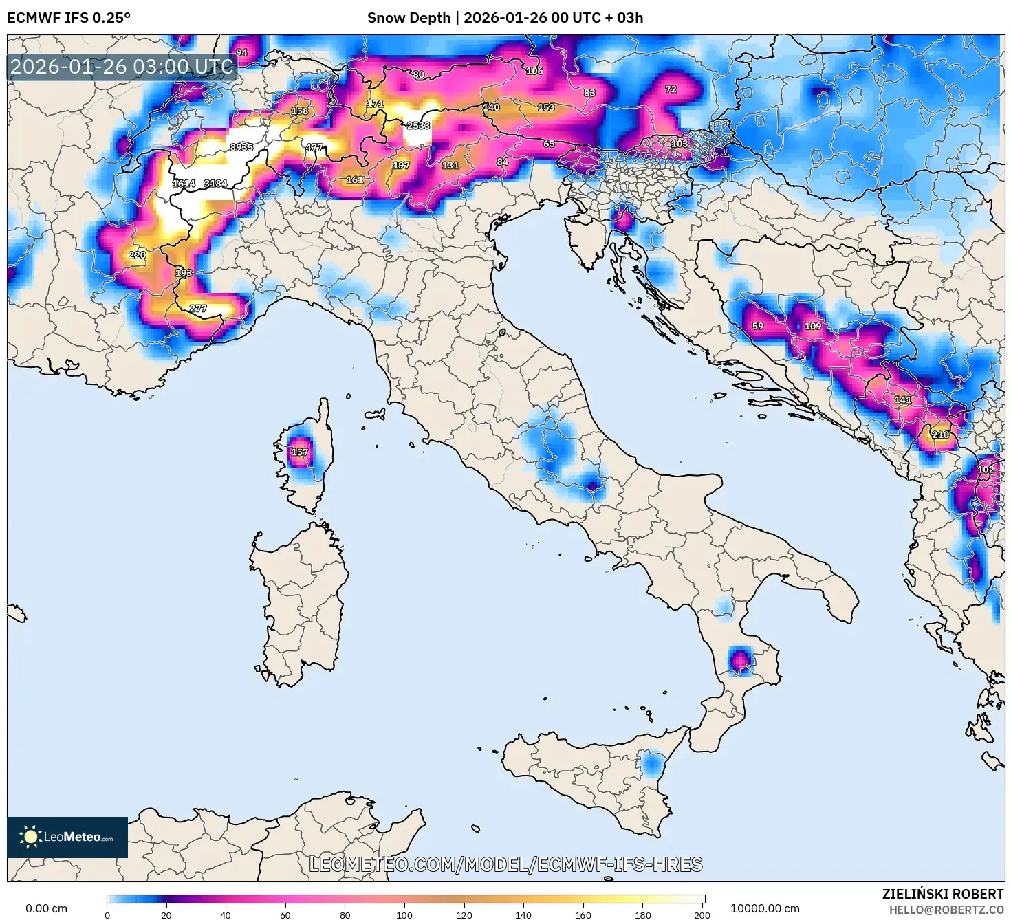 ECMWF IFS 0.25° model - İtalya, Kar Kalınlığı