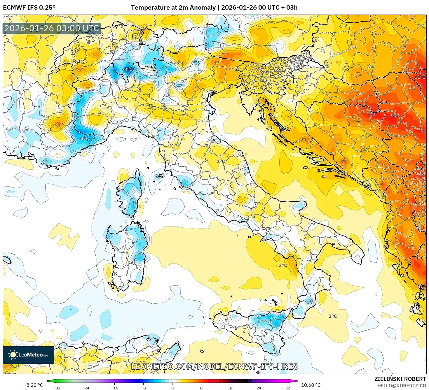 ECMWF IFS 0.25° model - İtalya, 2 m Sıcaklık Anomalisi