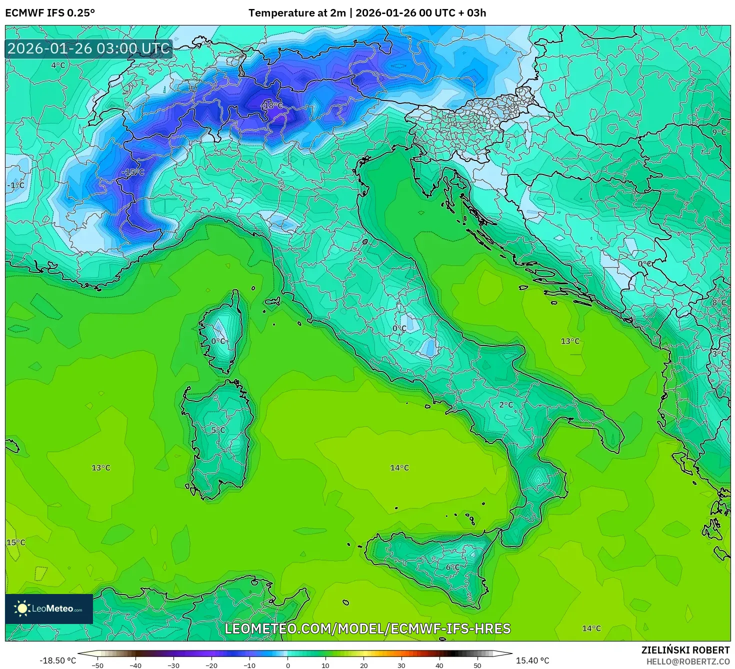 ECMWF IFS 0.25° model - İtalya, 2 m Sıcaklık