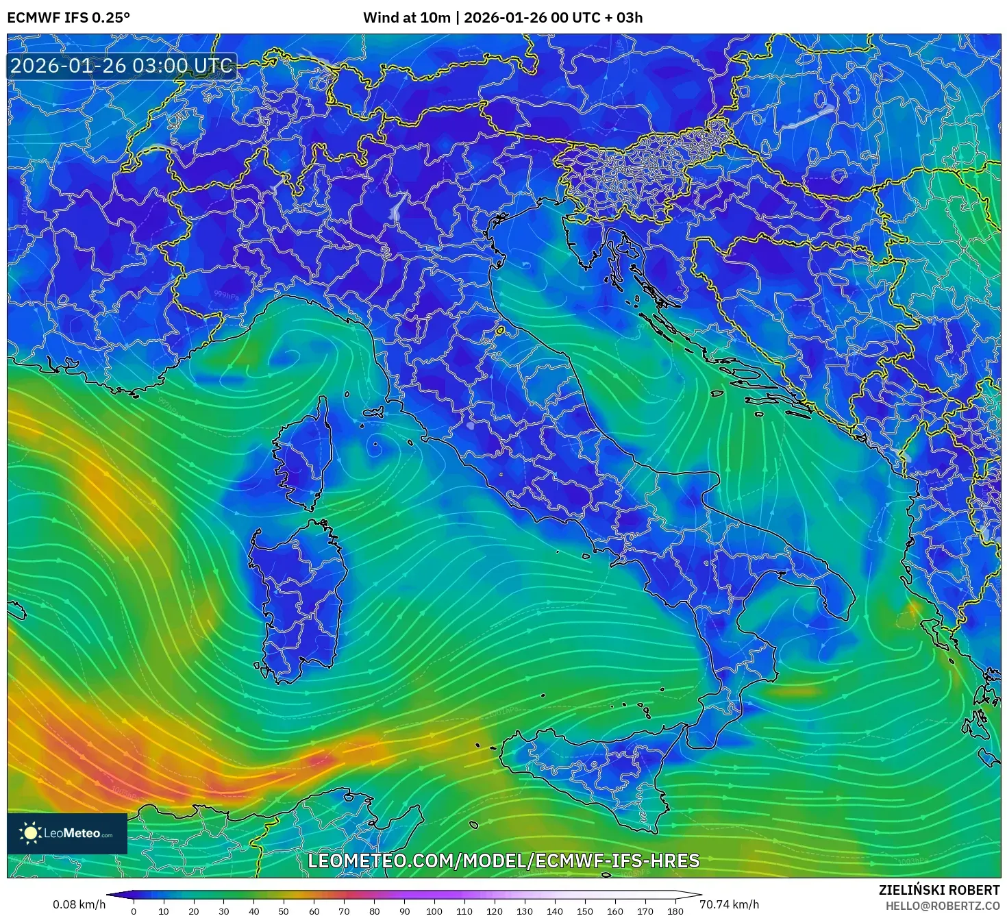 ECMWF IFS 0.25° model - İtalya, 10 m Rüzgâr