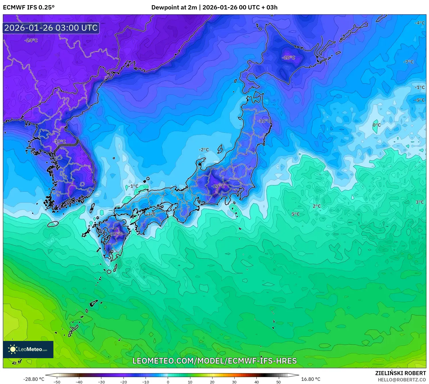 ECMWF IFS 0.25° model - Japonya, 2 m Çiy Noktası