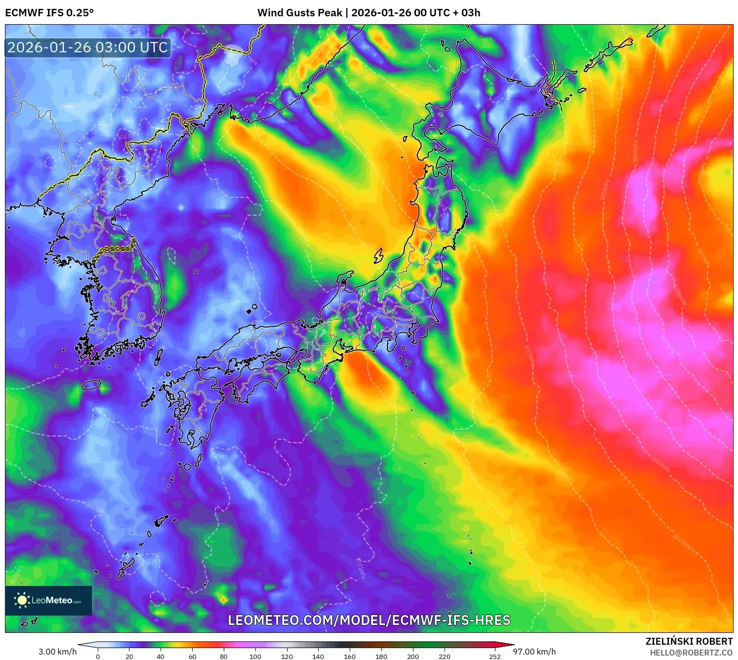 ECMWF IFS 0.25° model - Japonya, En Yüksek Rüzgâr