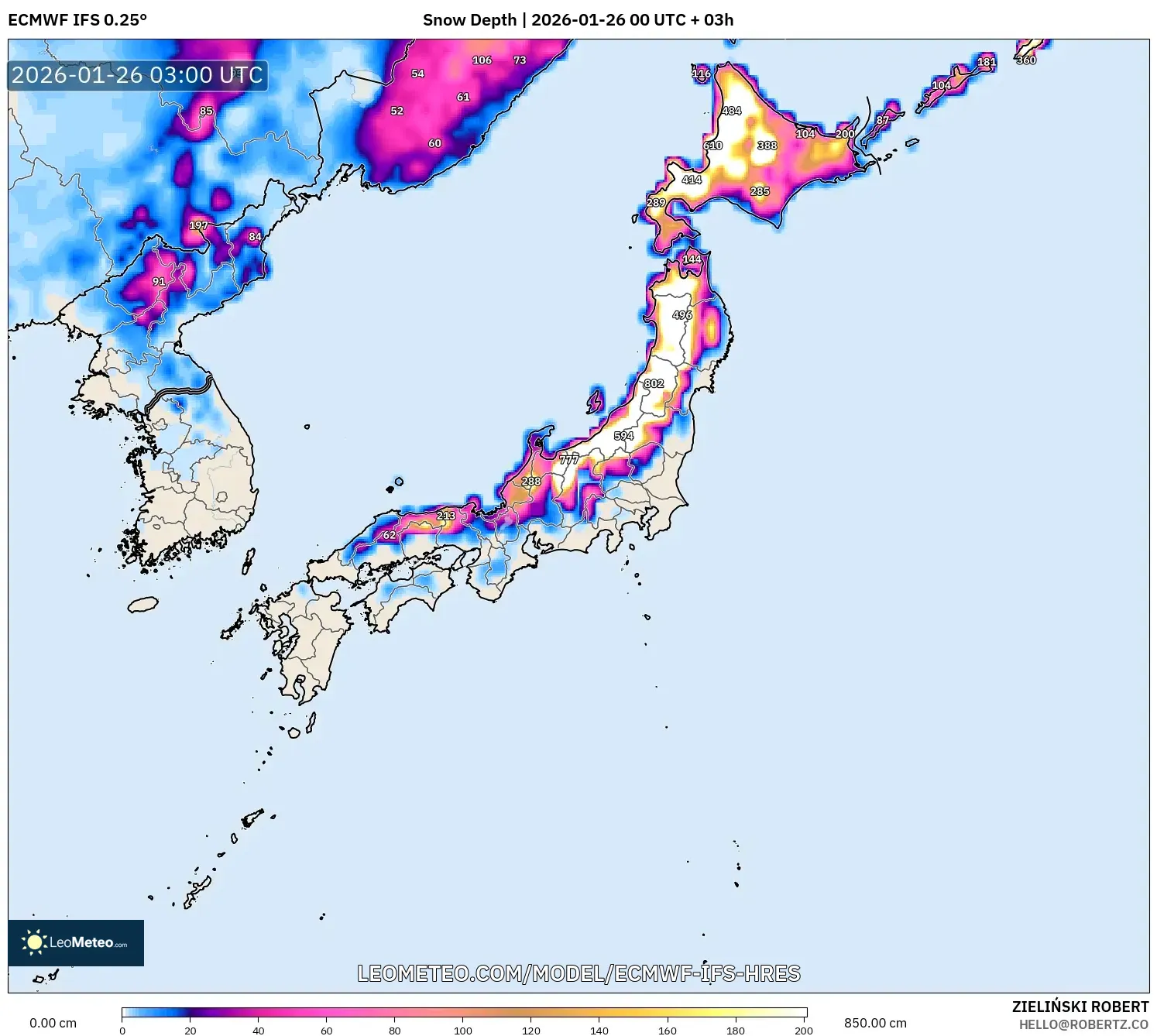 ECMWF IFS 0.25° model - Japonya, Kar Kalınlığı