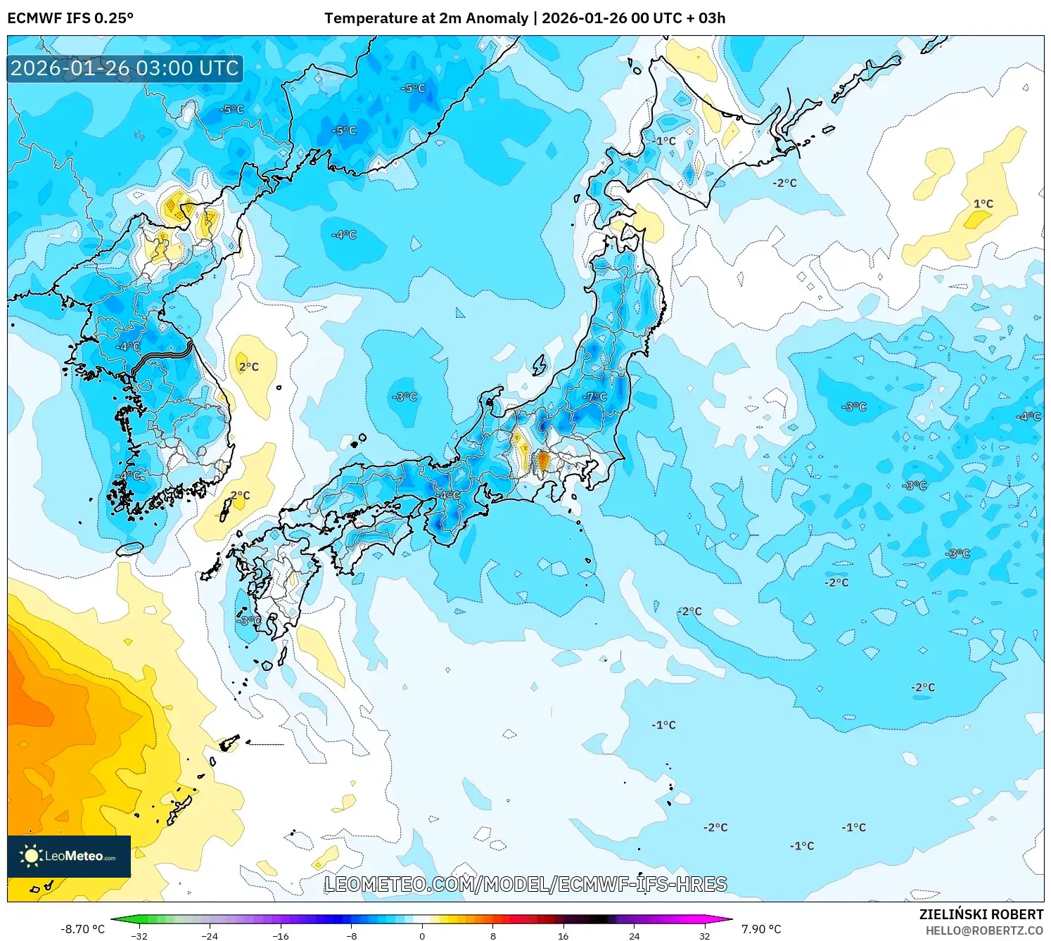 ECMWF IFS 0.25° model - Japonya, 2 m Sıcaklık Anomalisi