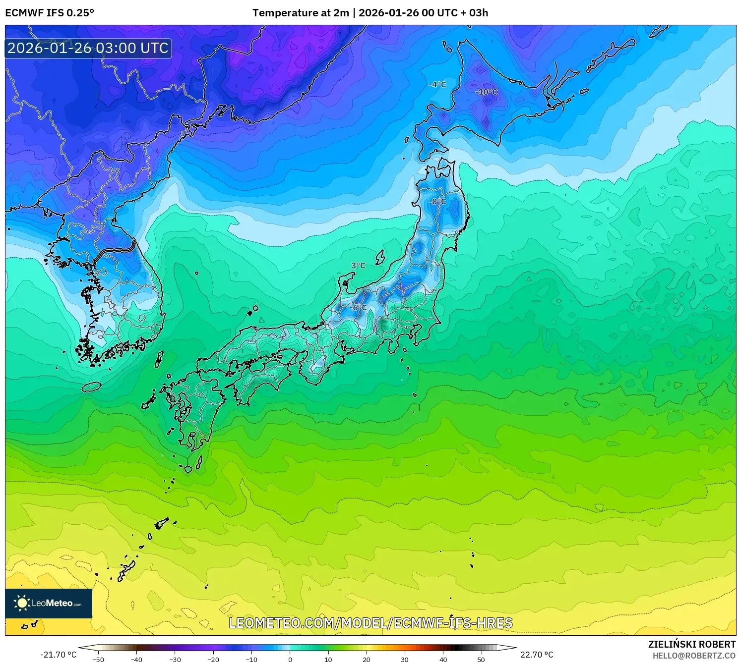 ECMWF IFS 0.25° model - Japonya, 2 m Sıcaklık