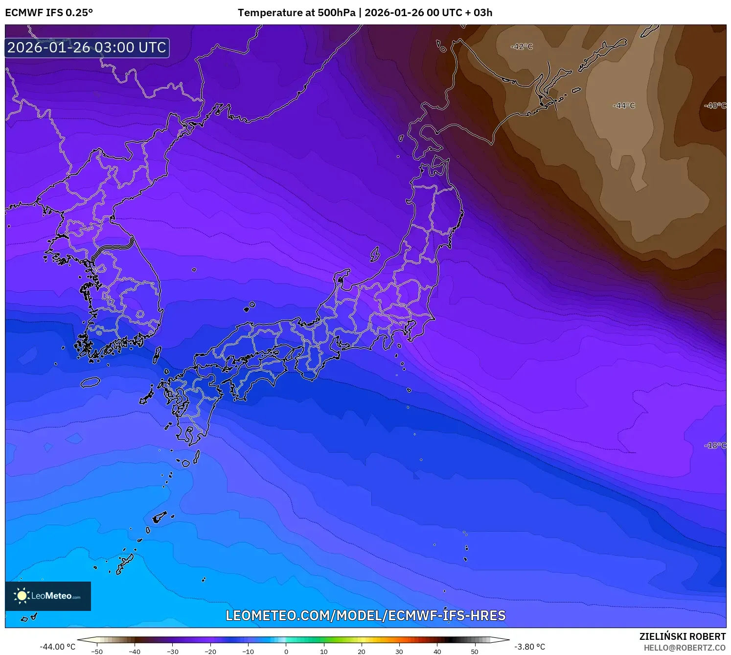 ECMWF IFS 0.25° model - Japonya, 500 hPa Sıcaklık