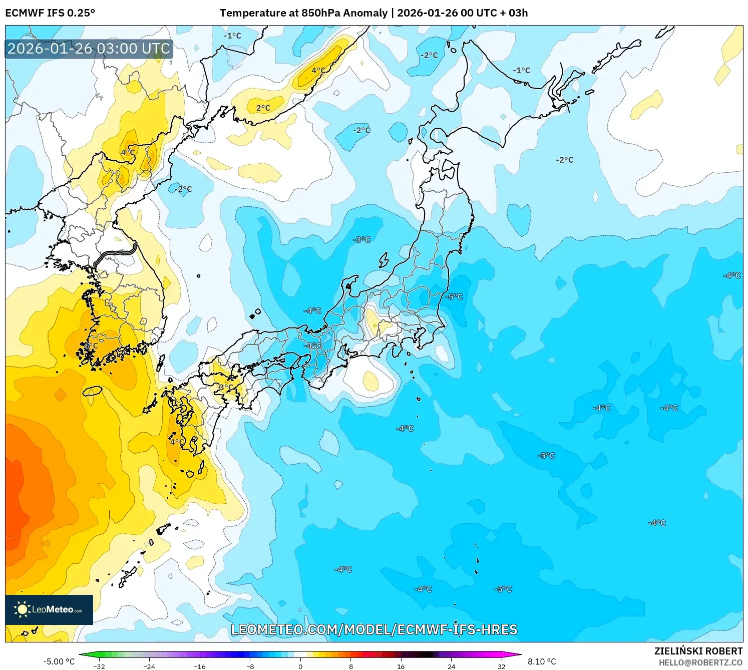 ECMWF IFS 0.25° model - Japonya, 850 hPa Sıcaklık Anomalisi