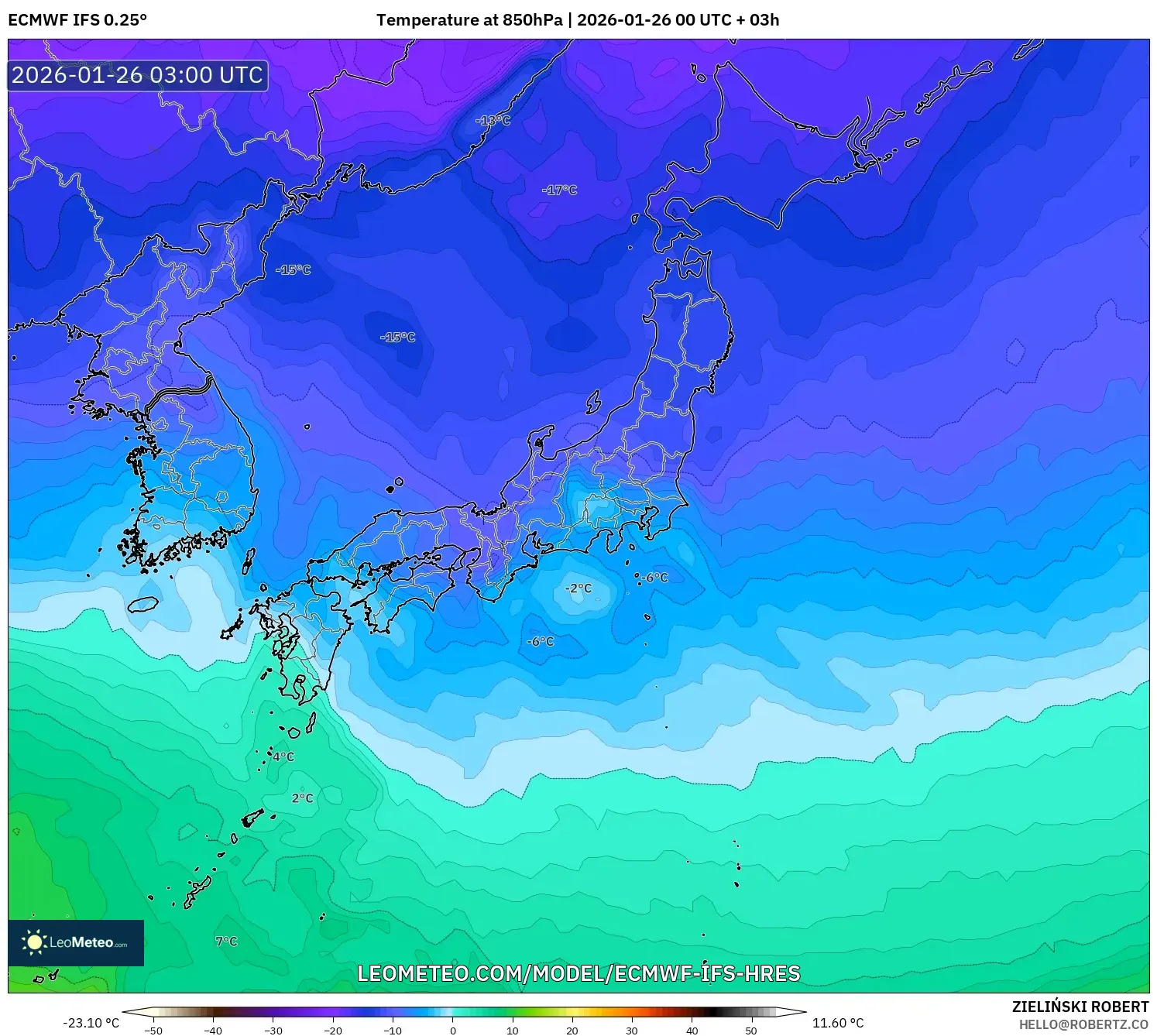 ECMWF IFS 0.25° model - Japonya, 850 hPa Sıcaklık