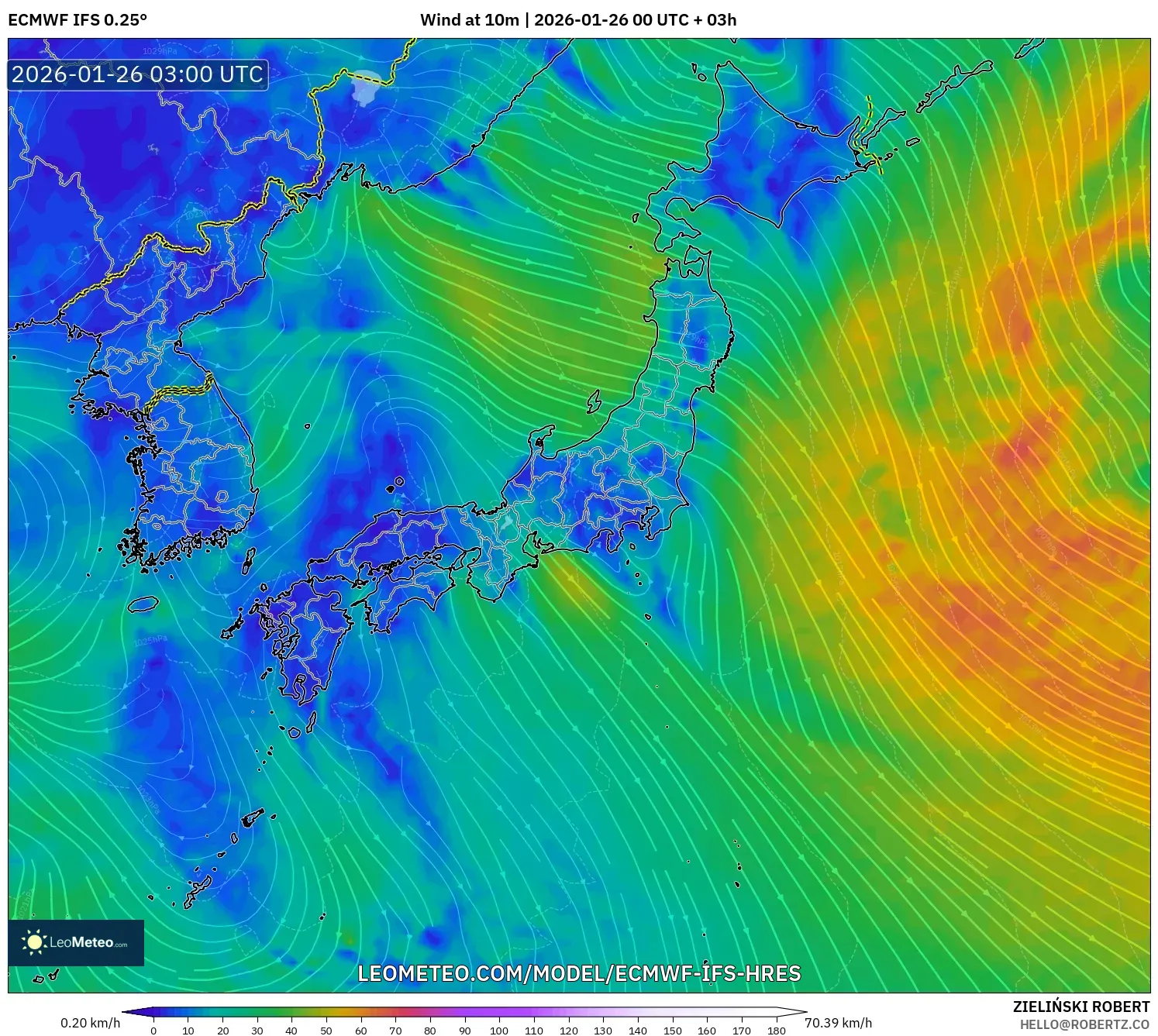 ECMWF IFS 0.25° model - Japonya, 10 m Rüzgâr