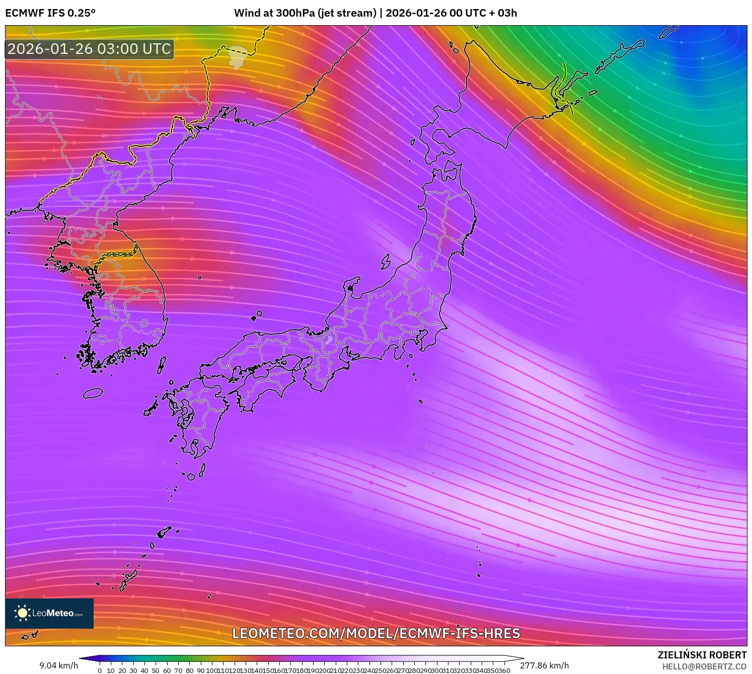 ECMWF IFS 0.25° model - Japonya, 300 hPa Rüzgârı (jet)