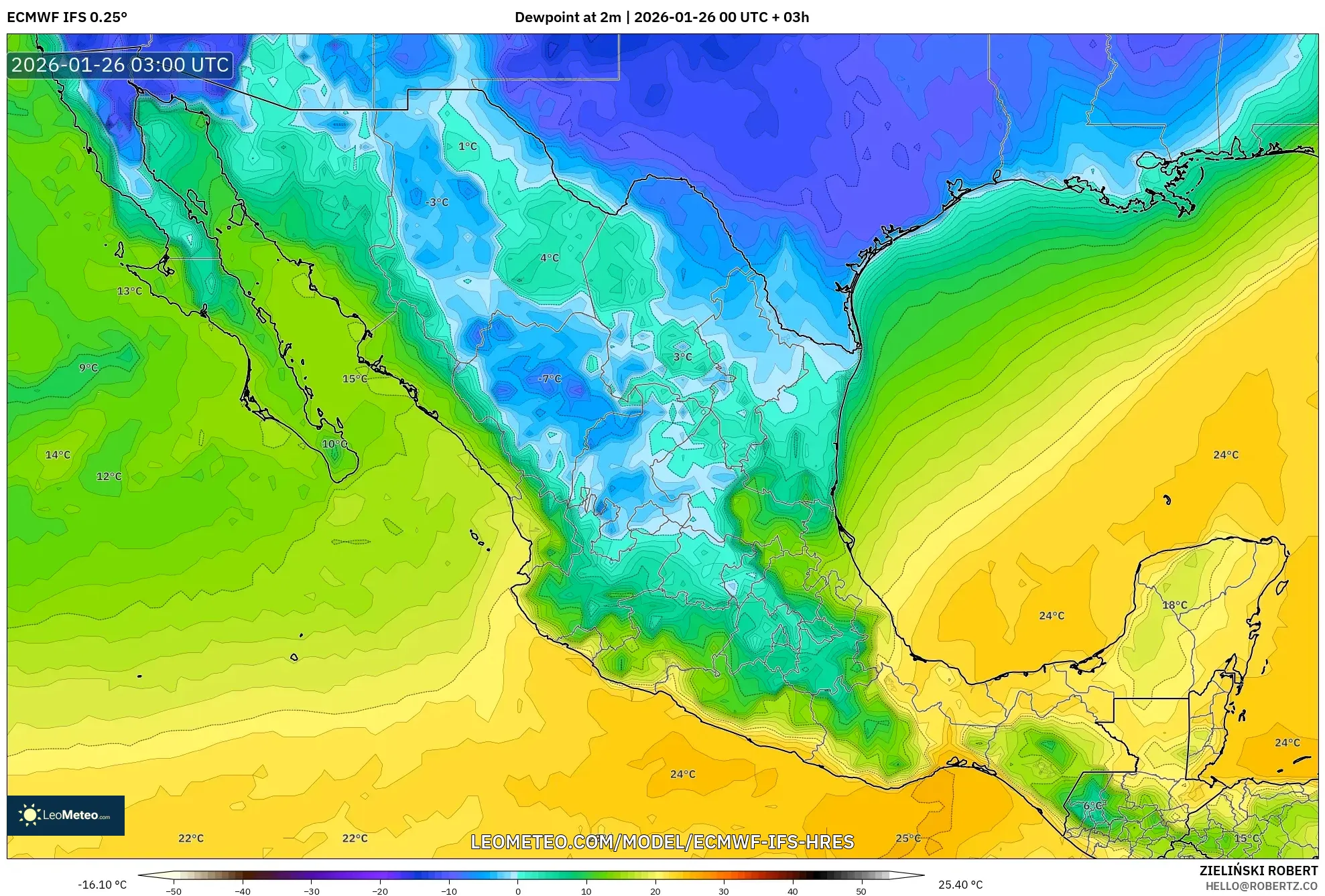 ECMWF IFS 0.25° model - Meksika, 2 m Çiy Noktası