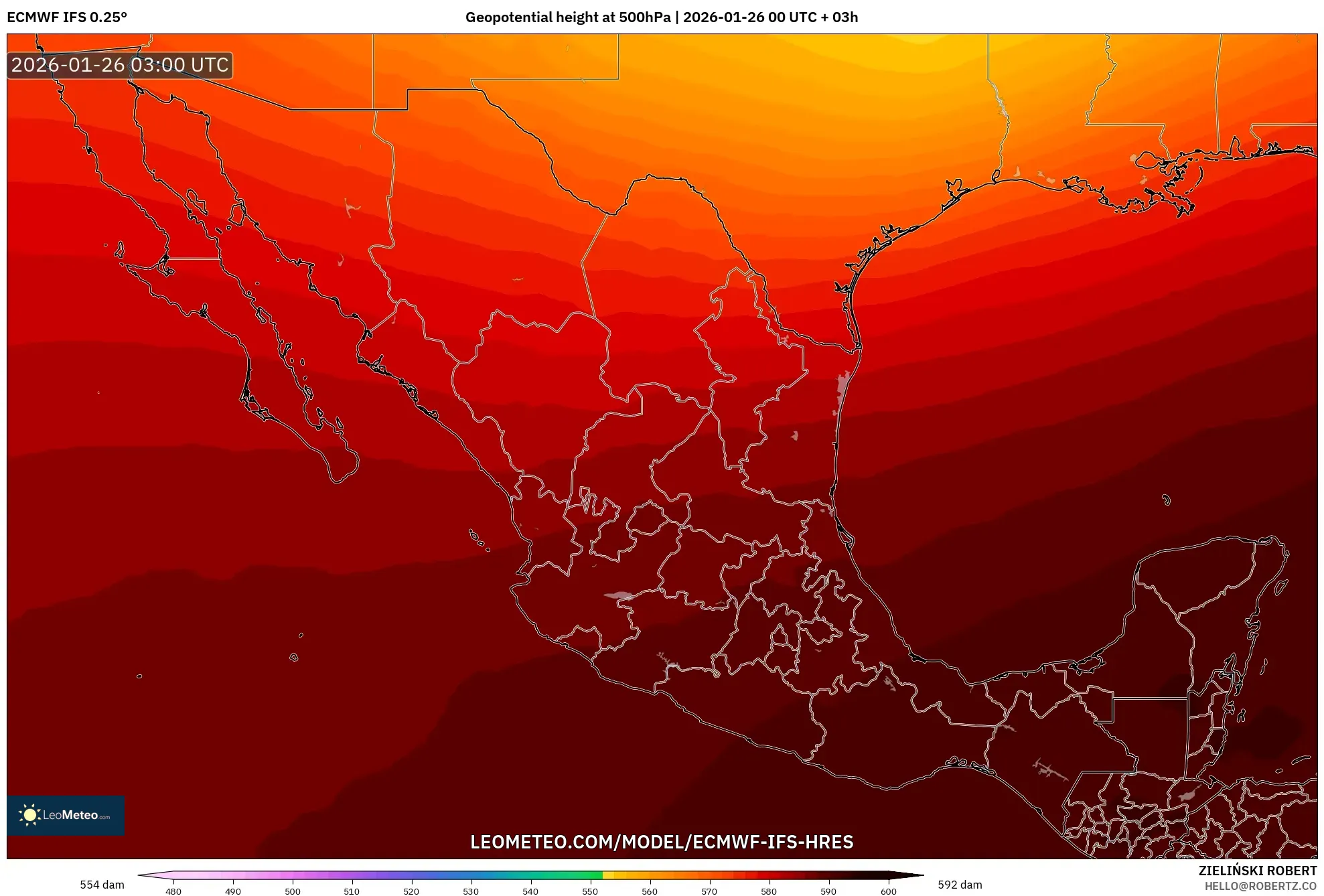 ECMWF IFS 0.25° model - Meksika, 500 hPa’da jeopotansiyel yükseklik