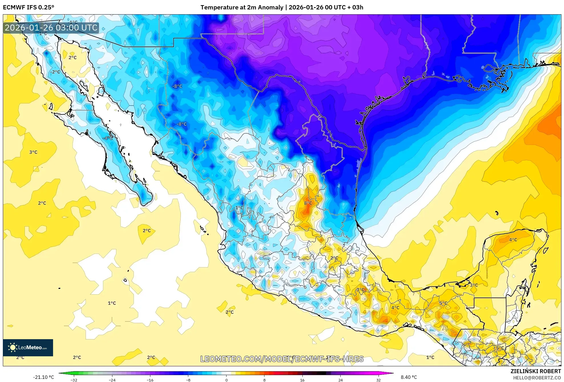 ECMWF IFS 0.25° model - Meksika, 2 m Sıcaklık Anomalisi