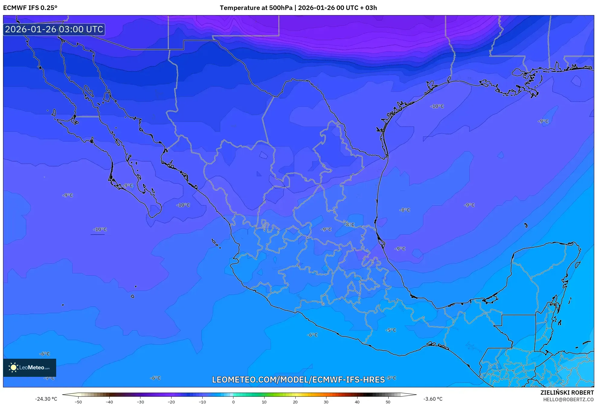 ECMWF IFS 0.25° model - Meksika, 500 hPa Sıcaklık