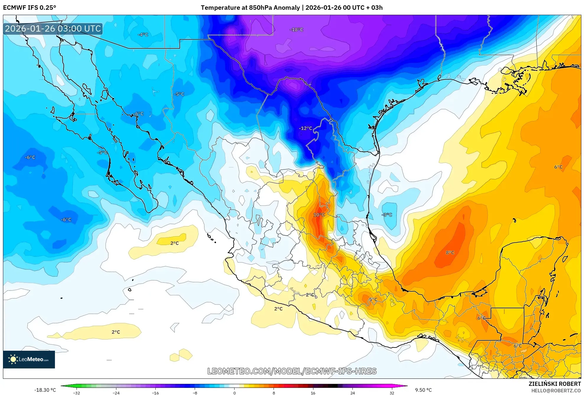 ECMWF IFS 0.25° model - Meksika, 850 hPa Sıcaklık Anomalisi
