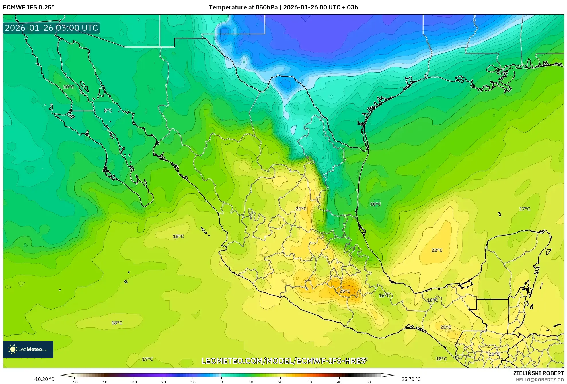 ECMWF IFS 0.25° model - Meksika, 850 hPa Sıcaklık