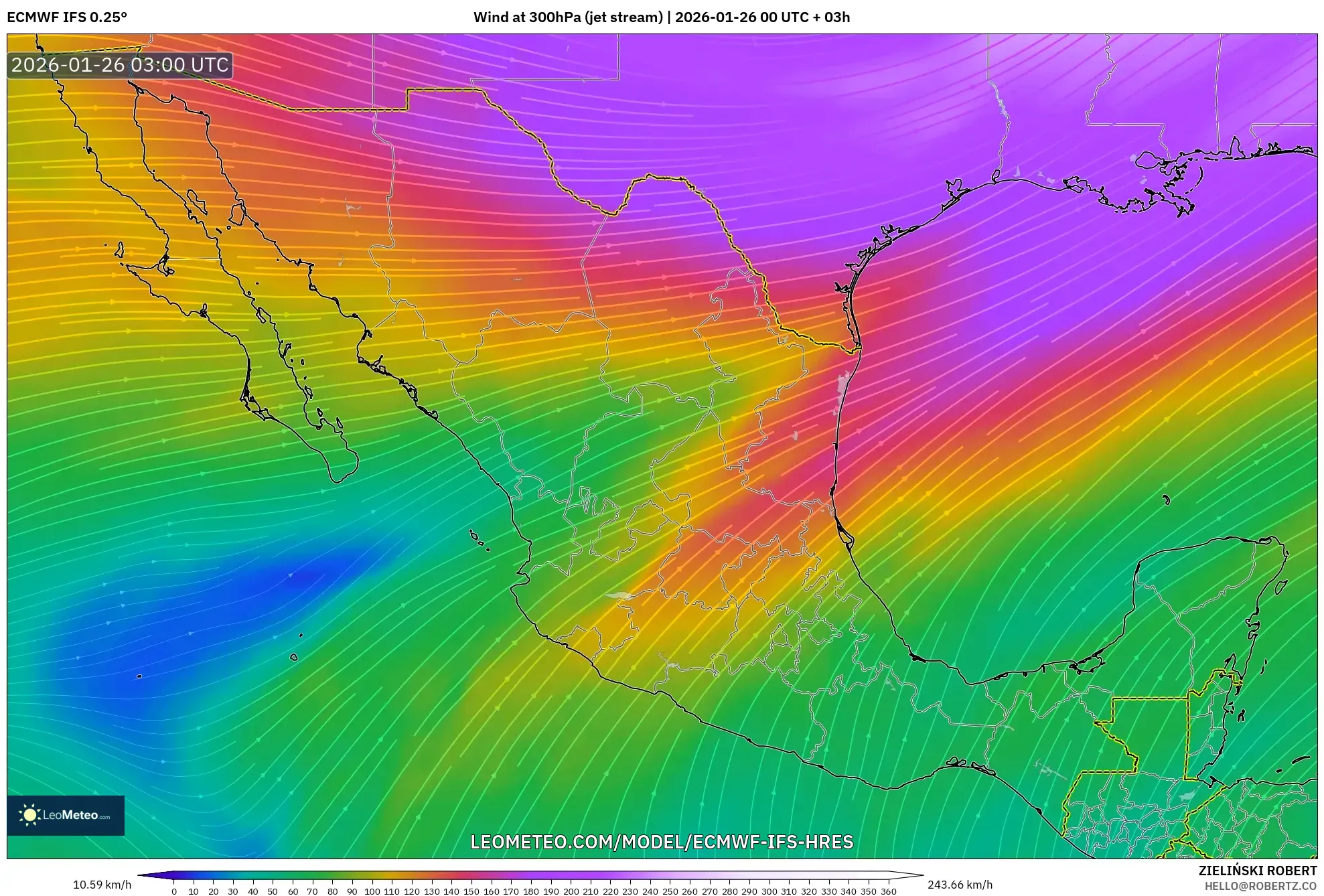 ECMWF IFS 0.25° model - Meksika, 300 hPa Rüzgârı (jet)