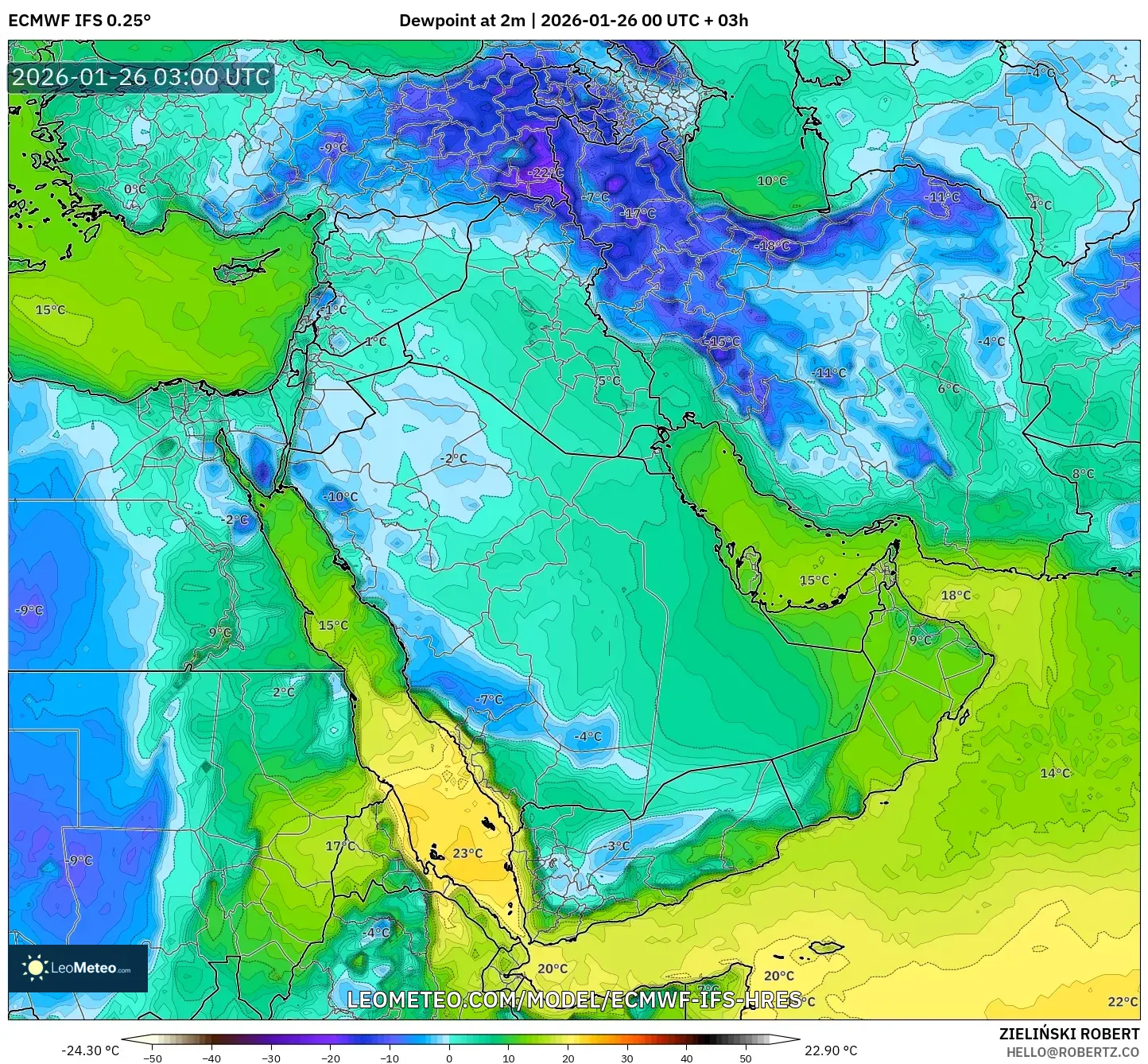 ECMWF IFS 0.25° model - Orta Doğu, 2 m Çiy Noktası